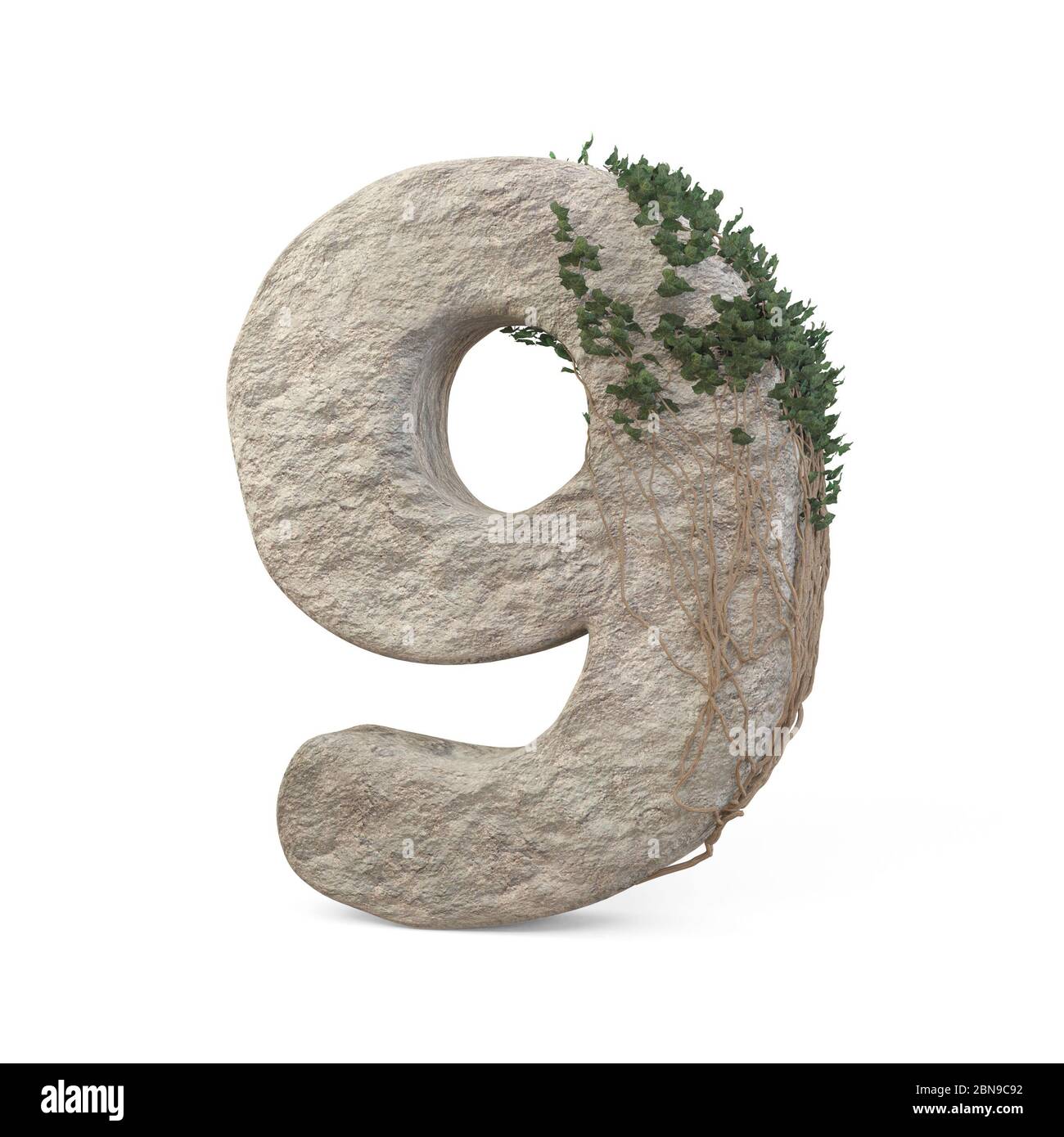 Realistische Steinzahlen mit Efeu, isoliert auf weißem Hintergrund. 3d-Bild Stockfoto