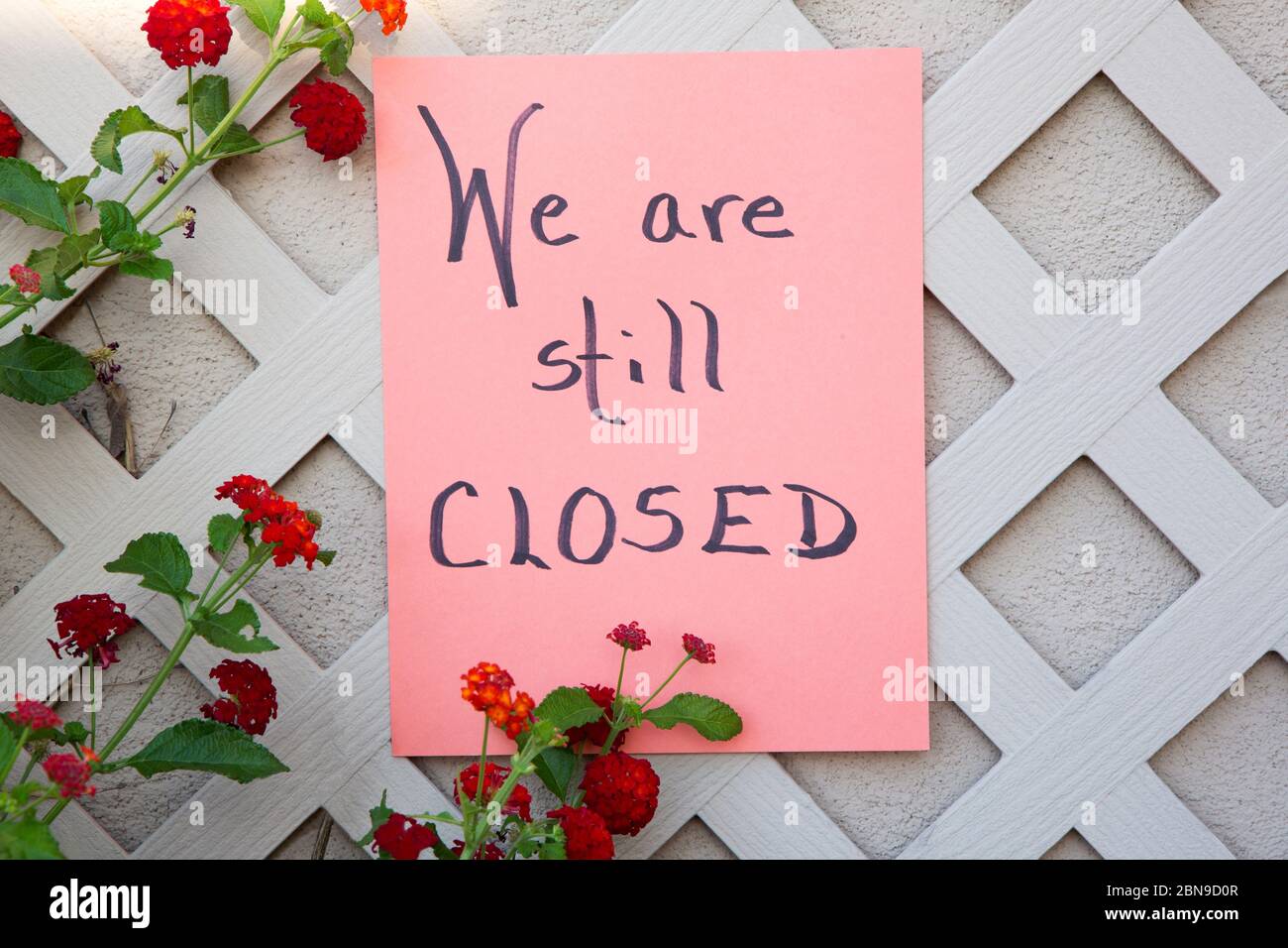 Wir sind noch geschlossen Schild weiterhin Geschäftsschluss mit handgeschriebenen Zeichen auf orangefarbenem Papier an der Wand mit Spalier und Blumen Stockfoto