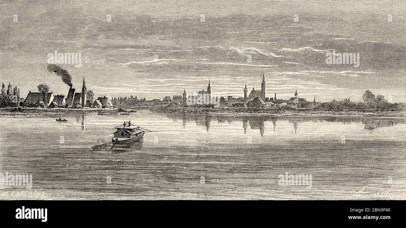 Donau in Straubing, Niederbayern, Deutschland Europa. Alte gravierte Illustration aus dem 19. Jahrhundert, Le Tour du Monde 1863 Stockfoto