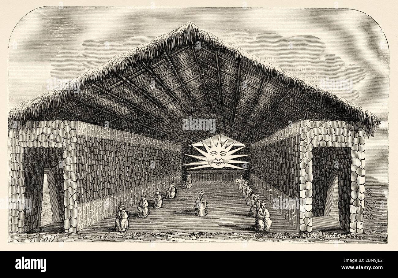 Sonnentempel. Coricancha, Ccorichancha oder QoriKancha (Goldener Tempel) war der wichtigste Inka-Tempel. Die archäologische Stätte befindet sich in der Stadt Cuzco in Peru, Südamerika. Alte gravierte Illustration aus dem 19. Jahrhundert, Le Tour du Monde 1863 Stockfoto