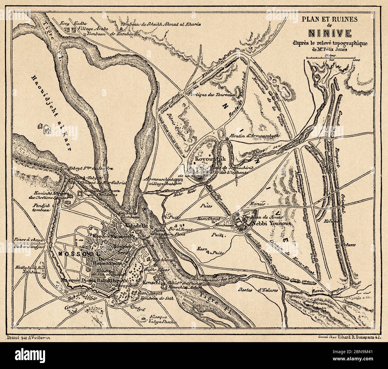 Karte der Ruinen von Ninive. Alte gravierte Illustration aus dem 19. Jahrhundert, Le Tour du Monde 1863 Stockfoto