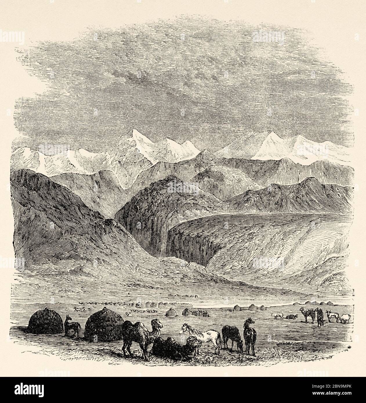 Terskey Alatau Gebirge von Kirgisistan, Zentralasien. Alte gravierte Illustration aus dem 19. Jahrhundert, Le Tour du Monde 1863 Stockfoto