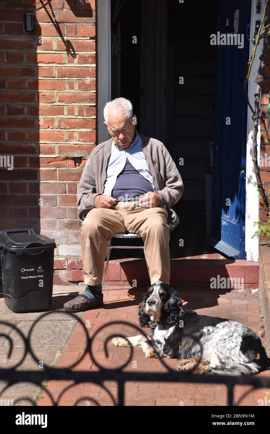 Alter Mann dösen mit Hund an einem sonnigen Nachmittag Stockfoto
