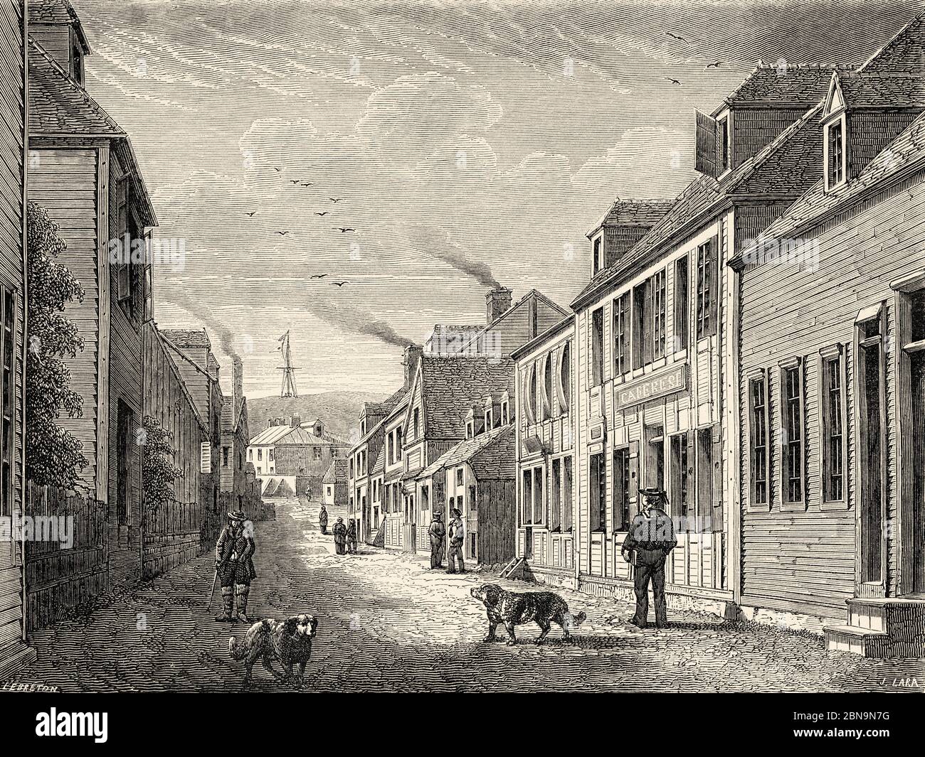 Das tägliche Leben in der Pariser Straße von Saint-Pierre, der Hauptstadt von Saint Pierre und Miquelon, Terra Nova. Neufundland & Labrador, Kanada. Alte gravierte Illustration aus dem 19. Jahrhundert, Le Tour du Monde 1863 Stockfoto