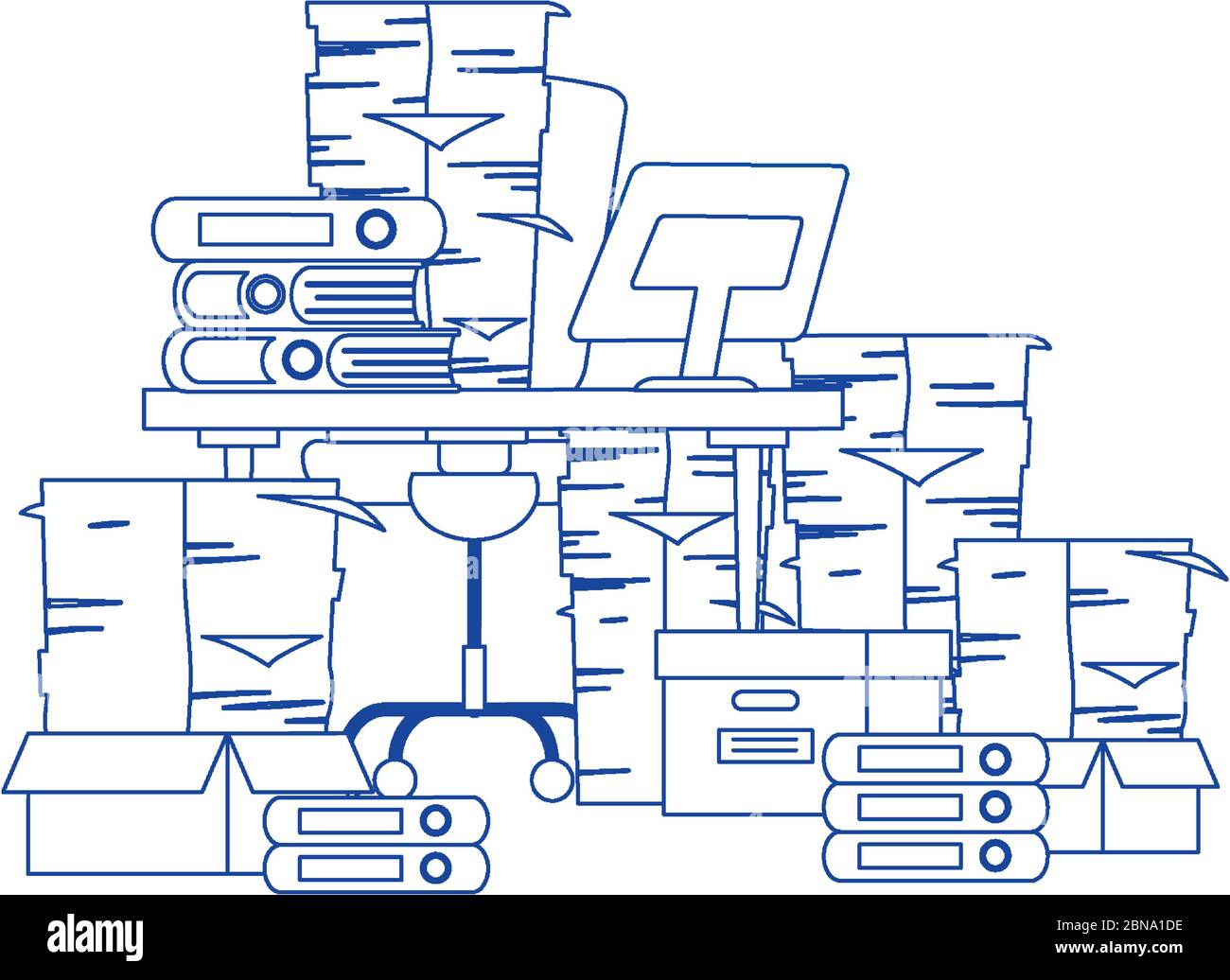 Stress bei der Arbeit, Bürostuhl Stapel von Papieren und viele Ordner und Boxen Vektor-Illustration Stock Vektor