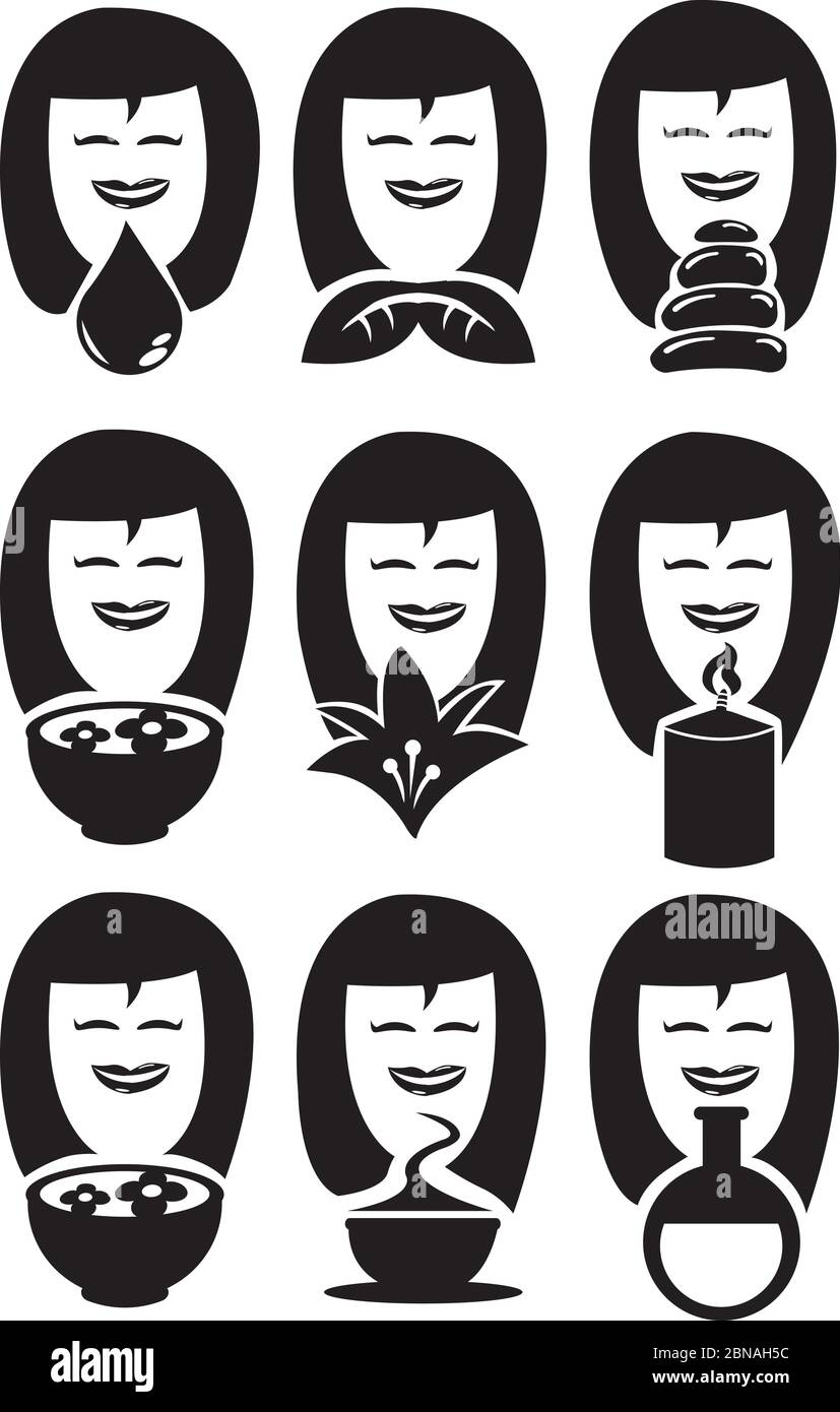Schwarz-Weiß-Vektor-Icons Illustration von Cartoon-Frauen mit lächelnden Gesichtern und konzeptionelle Symbole für Schönheit und Spa isoliert auf weißem Hintergrund. Stock Vektor