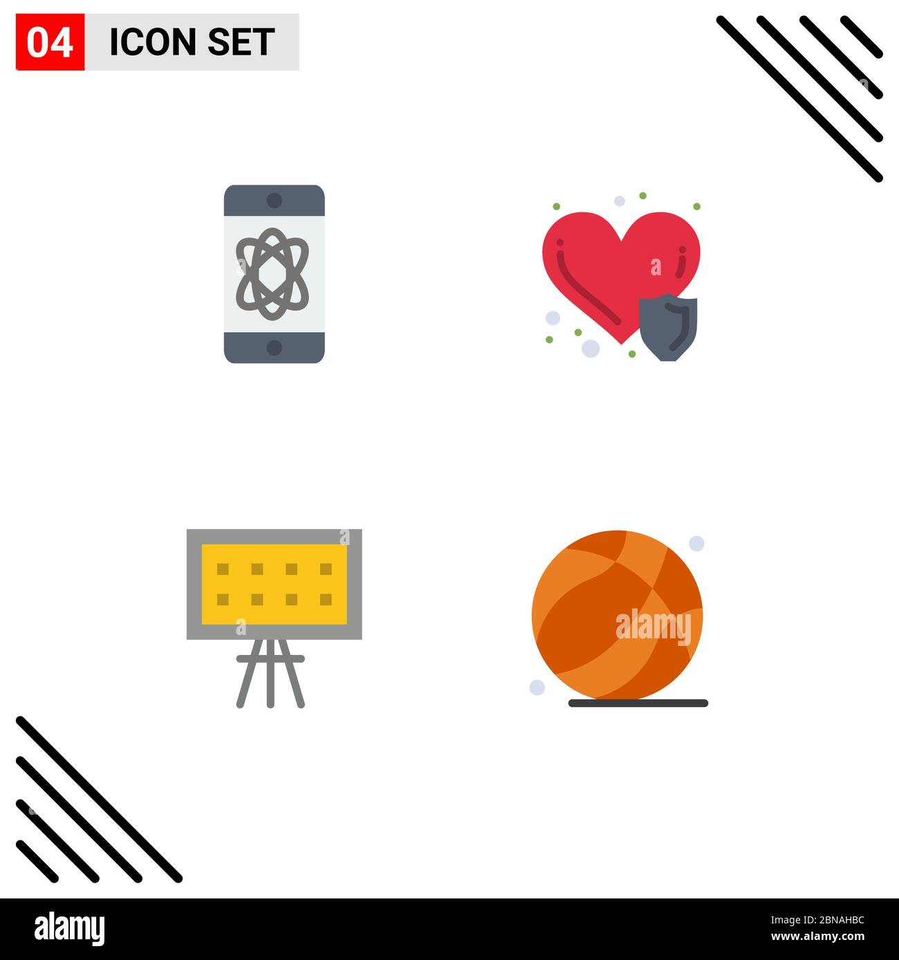 Packung mit 4 kreativen flachen Icons von Atom, Brett, Tech, Herzerkrankungen, Präsentation editierbare Vektor Design-Elemente Stock Vektor