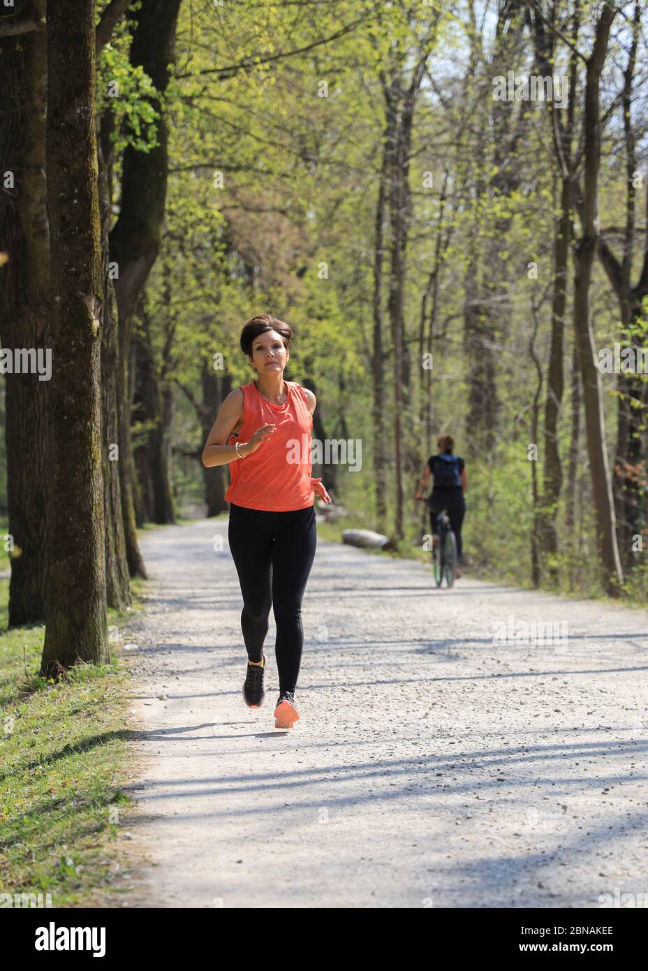 Frau, 40-45 Jahre alt, Jogging in einem Waldgebiet in München, Bayern, Deutschland. Stockfoto