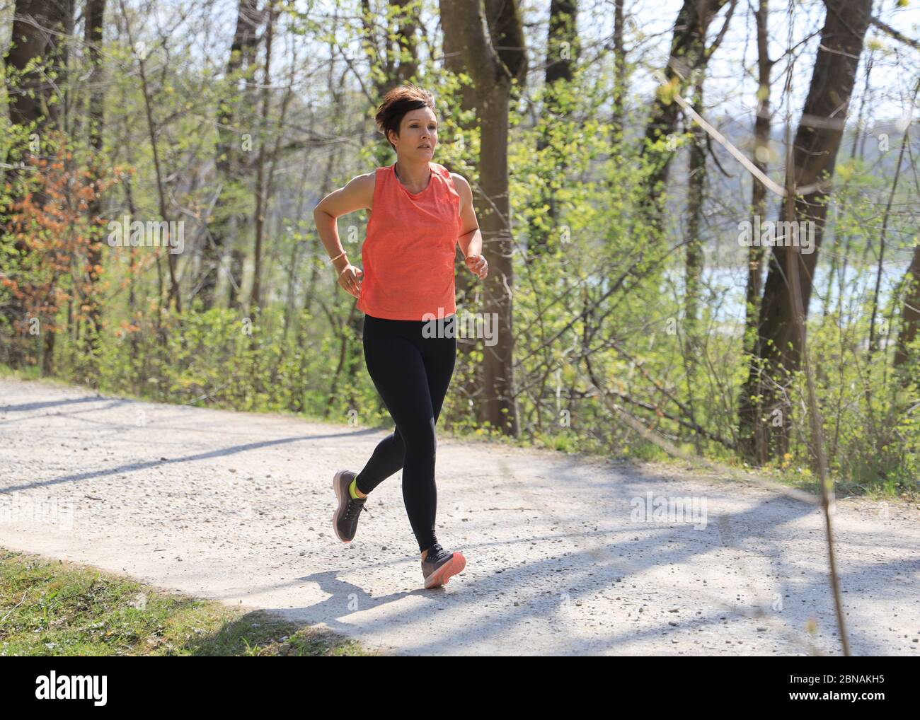 Frau, 40-45 Jahre alt, Jogging in einem Waldgebiet in München, Bayern, Deutschland. Stockfoto