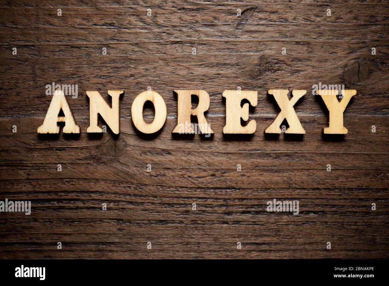 Anorexy Wort auf einem Holztisch. Stockfoto