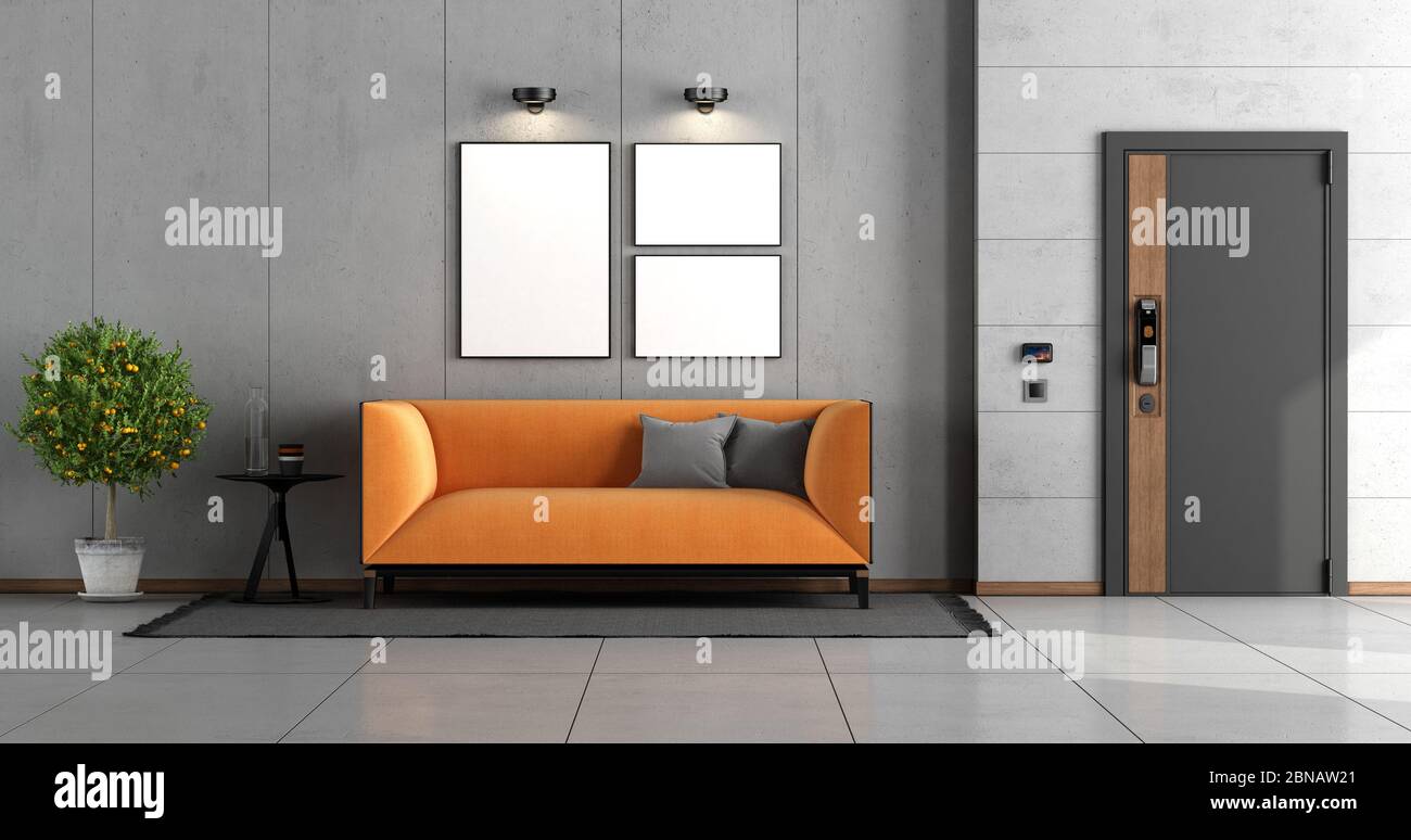 Hauseingang mit Haustür und orange modernes Sofa gegen Betonwand - 3d-Renderig Stockfoto