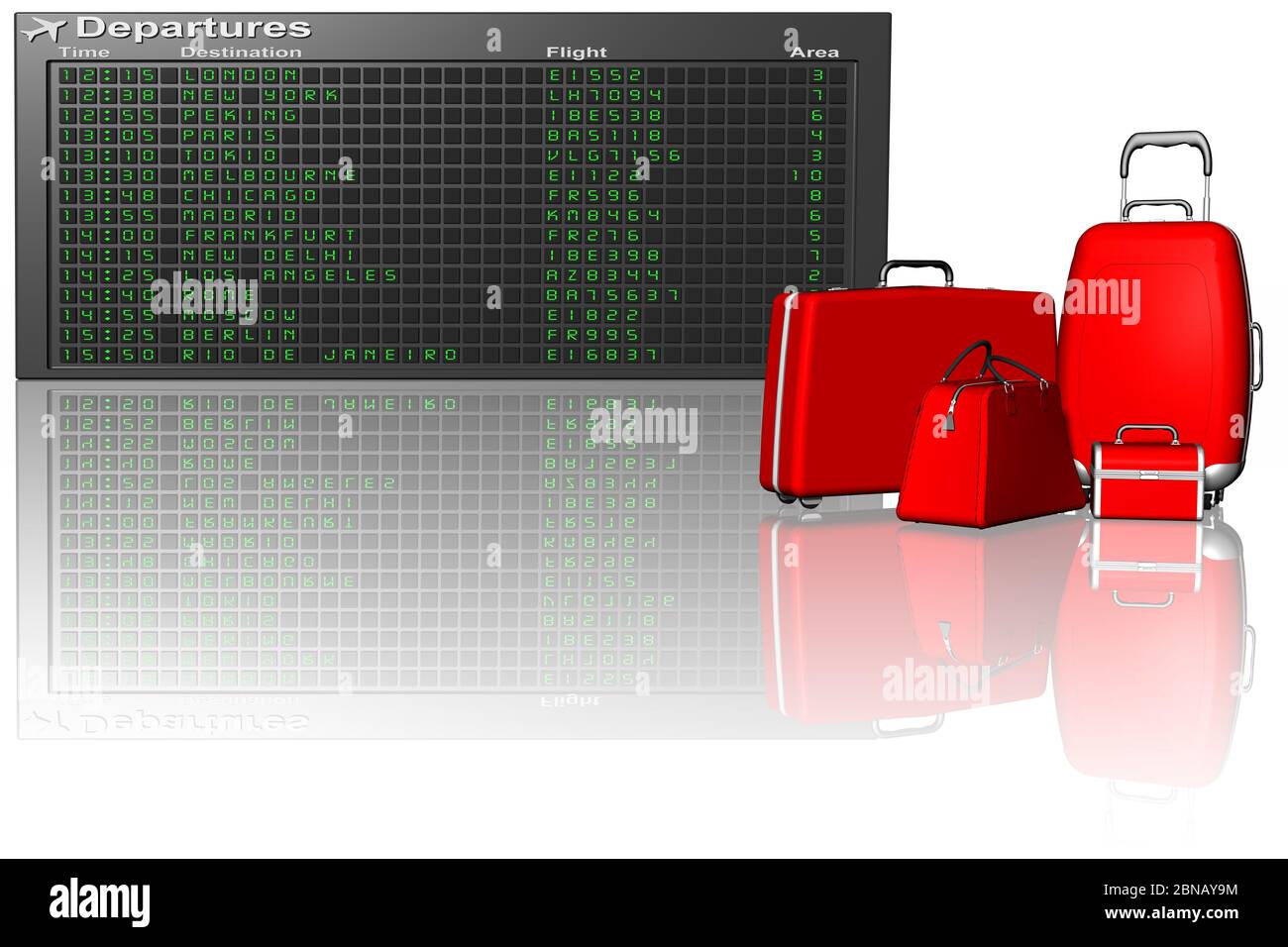 3D-Darstellung. Koffer mit dem Hintergrund-Display mit Reisezielen. Stockfoto