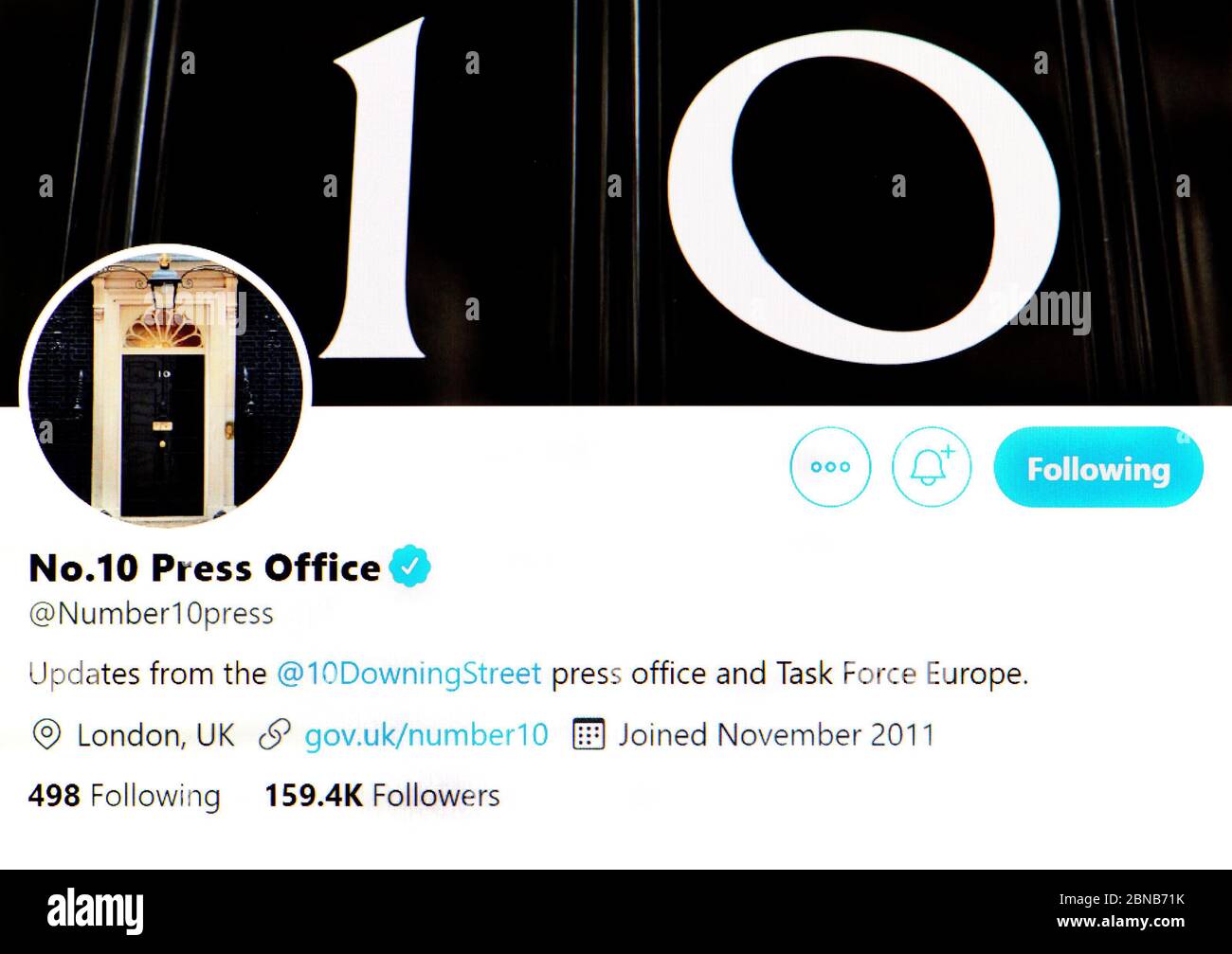 Twitter-Seite (Mai 2020) Nr. 10 Pressestelle - 10 Downing Street Stockfoto
