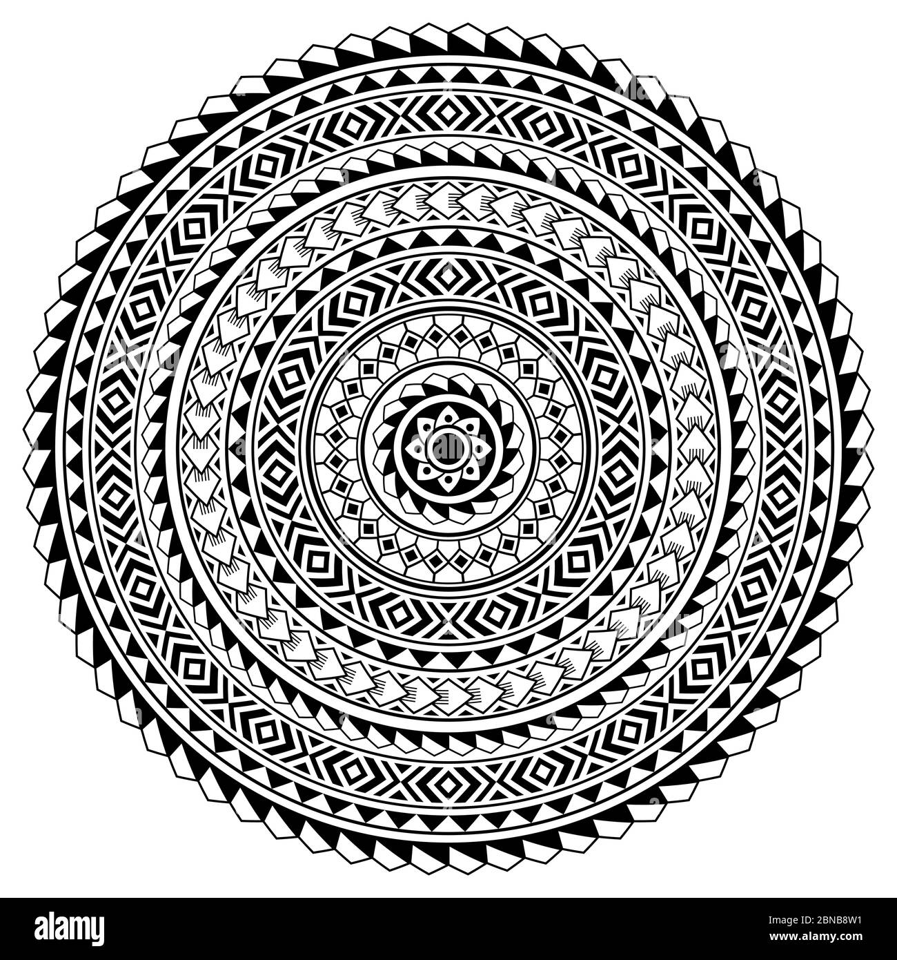 Polynesische hawaiianische Tattoo Stil Mandala Vektor Design, Boho Tribal rundes Muster inspiriert von Kunst traditionelle geometrische Kunst Stock Vektor