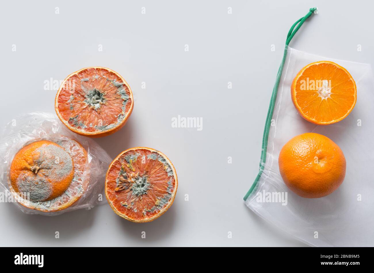 Vergleich der Lebensmittellagerung in Kunststoff- und Netzbeutel am Beispiel einer Orange. Ungültiger Speicher. Stockfoto