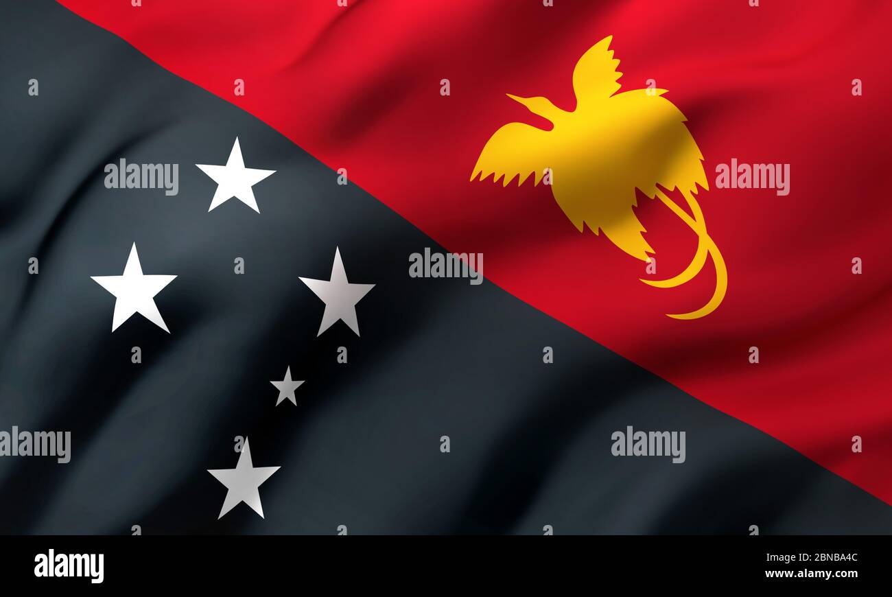 Flagge von Papua Neuguinea weht im Wind. Ganzseitige Papua-Flagge. 3D-Darstellung. Stockfoto