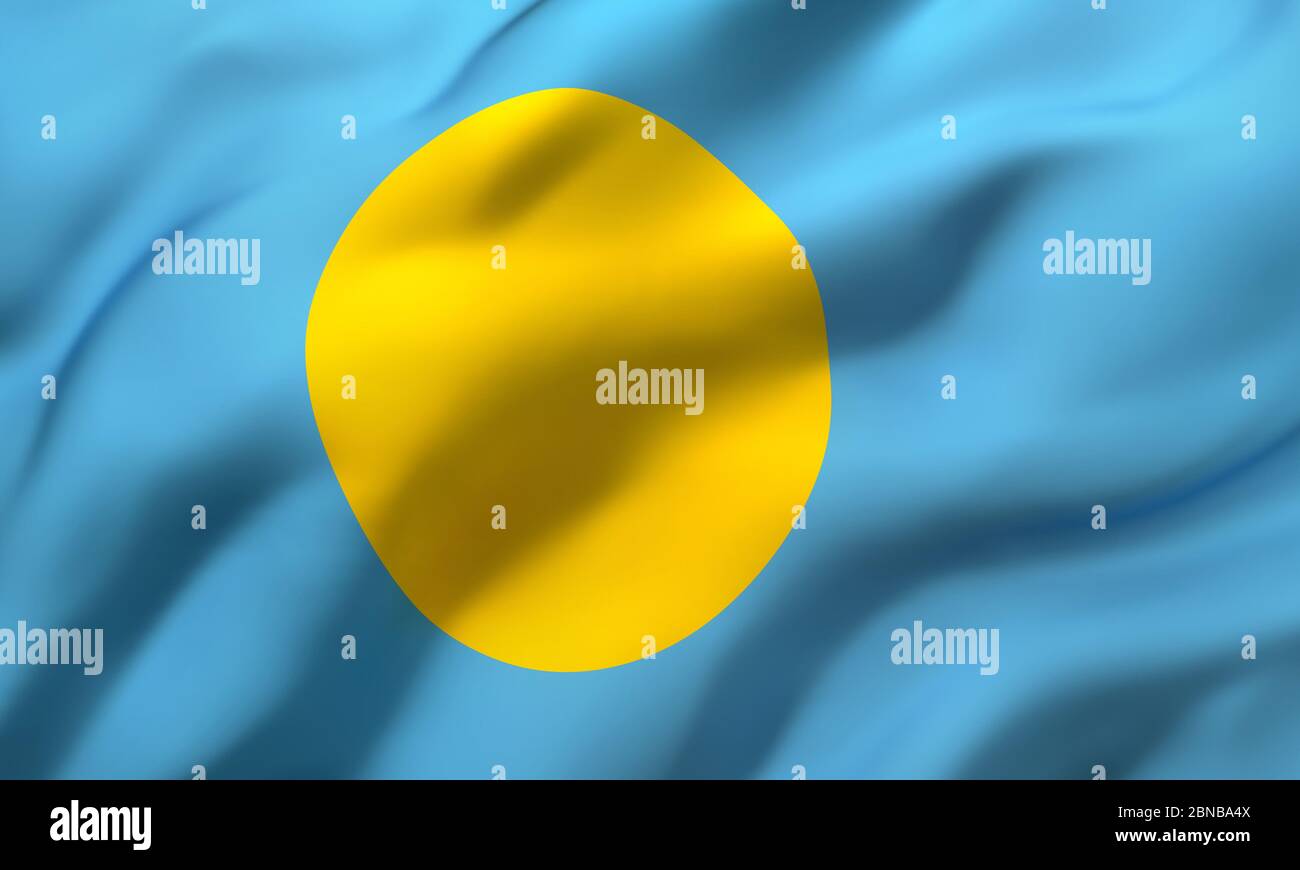 Flagge von Palau weht im Wind. Ganzseitige Palauan Flugflagge. 3D-Darstellung. Stockfoto