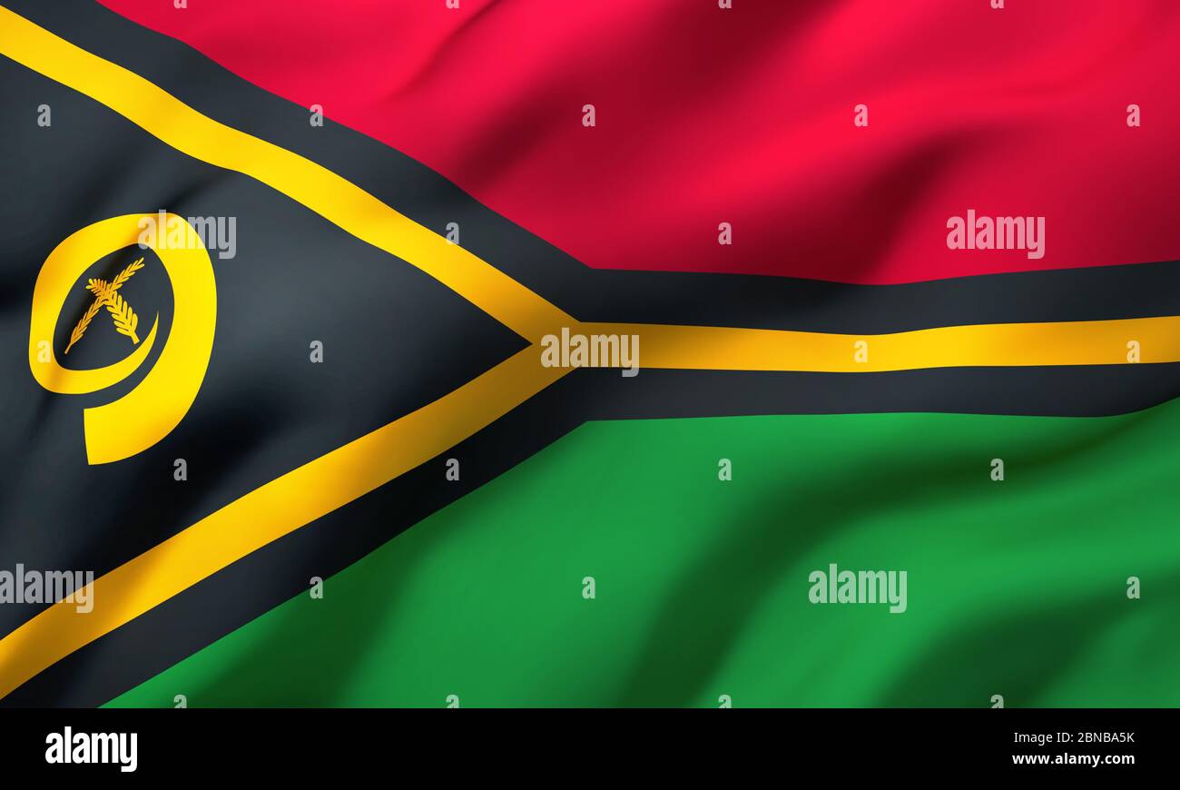 Flagge von Vanuatu weht im Wind. Ganze Seite Vanuatuan Flugflagge. 3D-Darstellung. Stockfoto