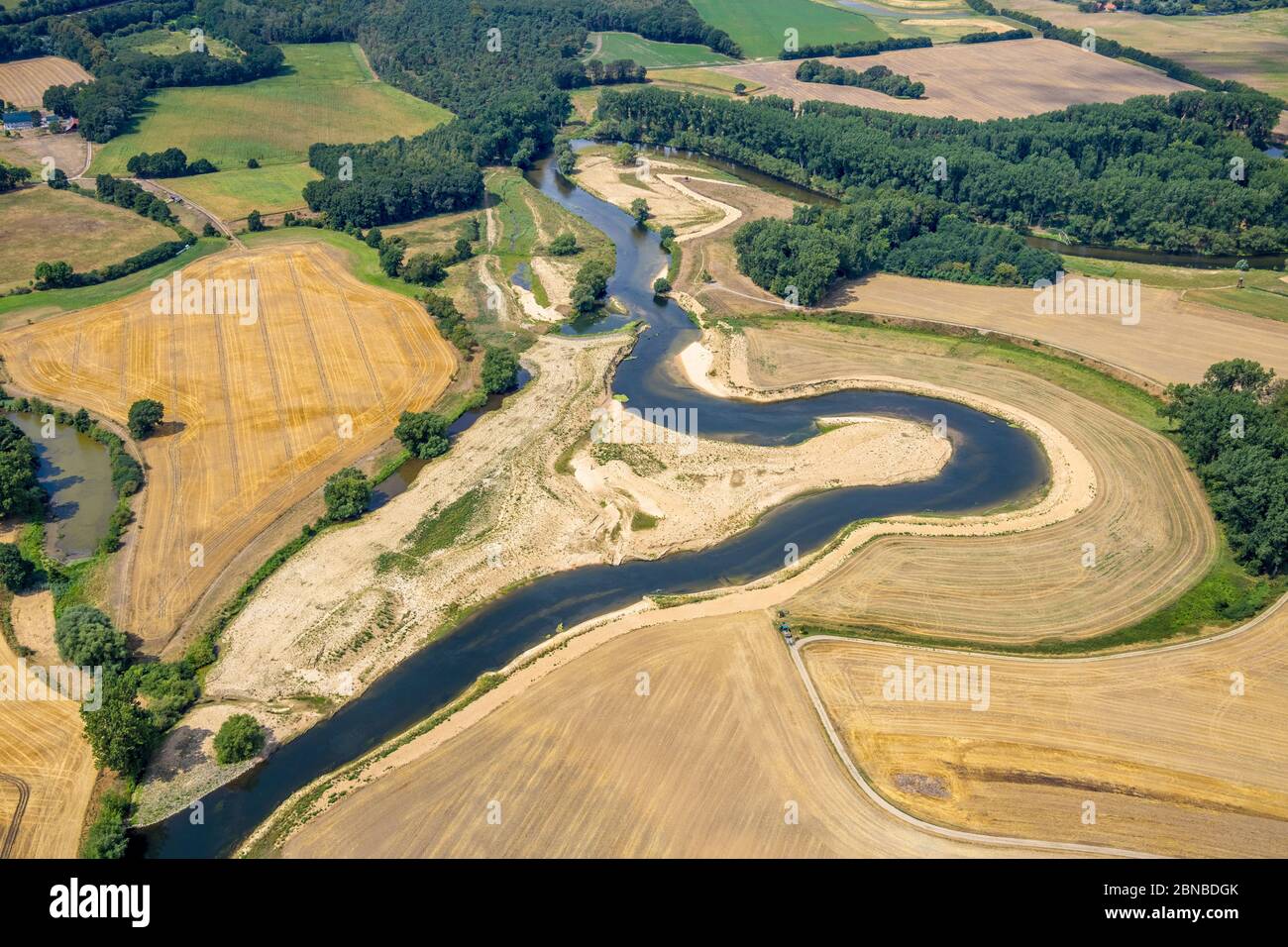 Renaturierung der Lippe an der Kraehenbusch in Olfen, 08.08.2019, Luftbild, Nordrhein-Westfalen, Lehmhegge, Olfen Stockfoto