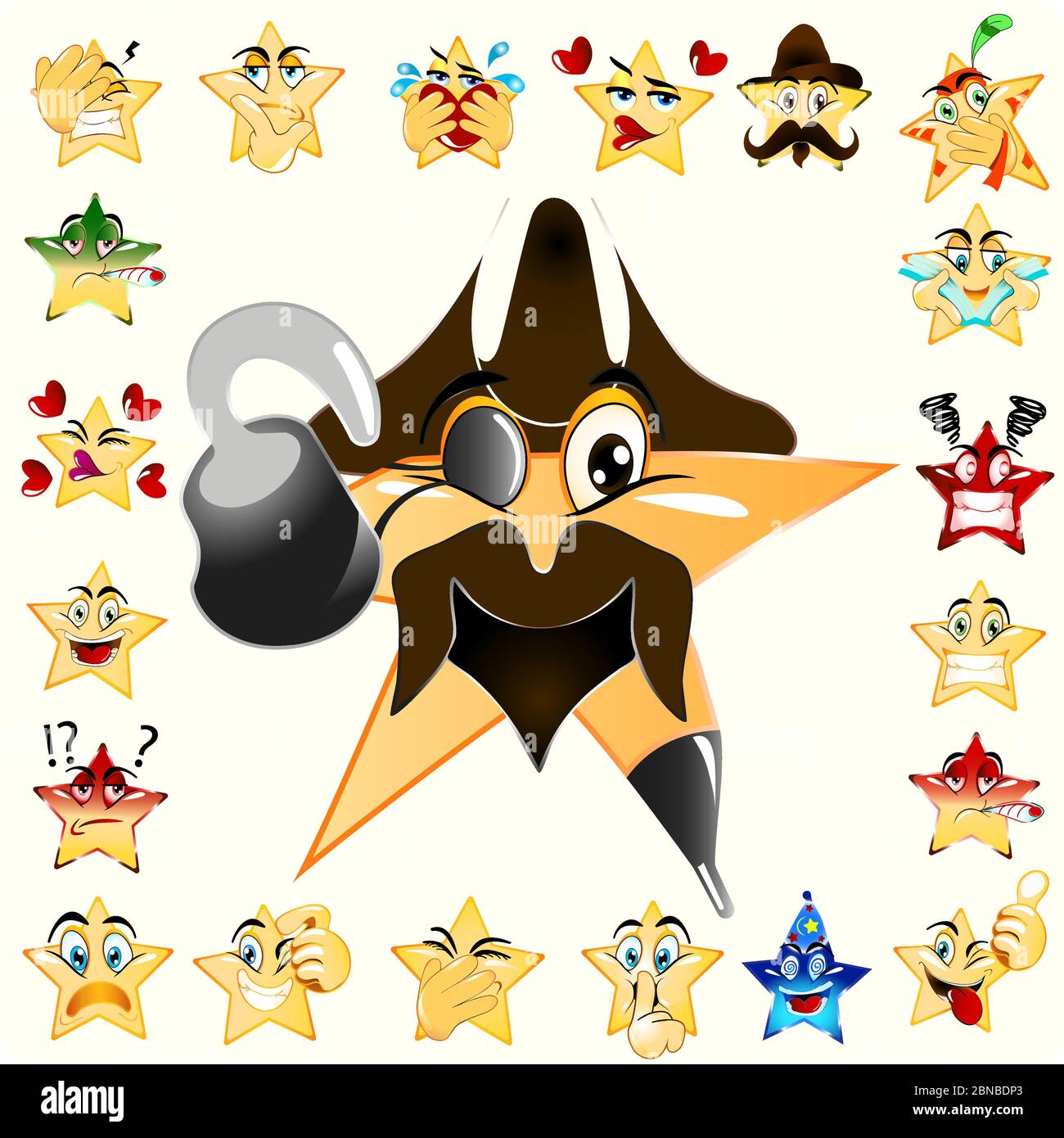 Illustration des Piraten-Sterns Emoji. Gelbe Farbverfärbung kombiniert. Symbol Für Den Vektor. Heller Hintergrund. Stock Vektor