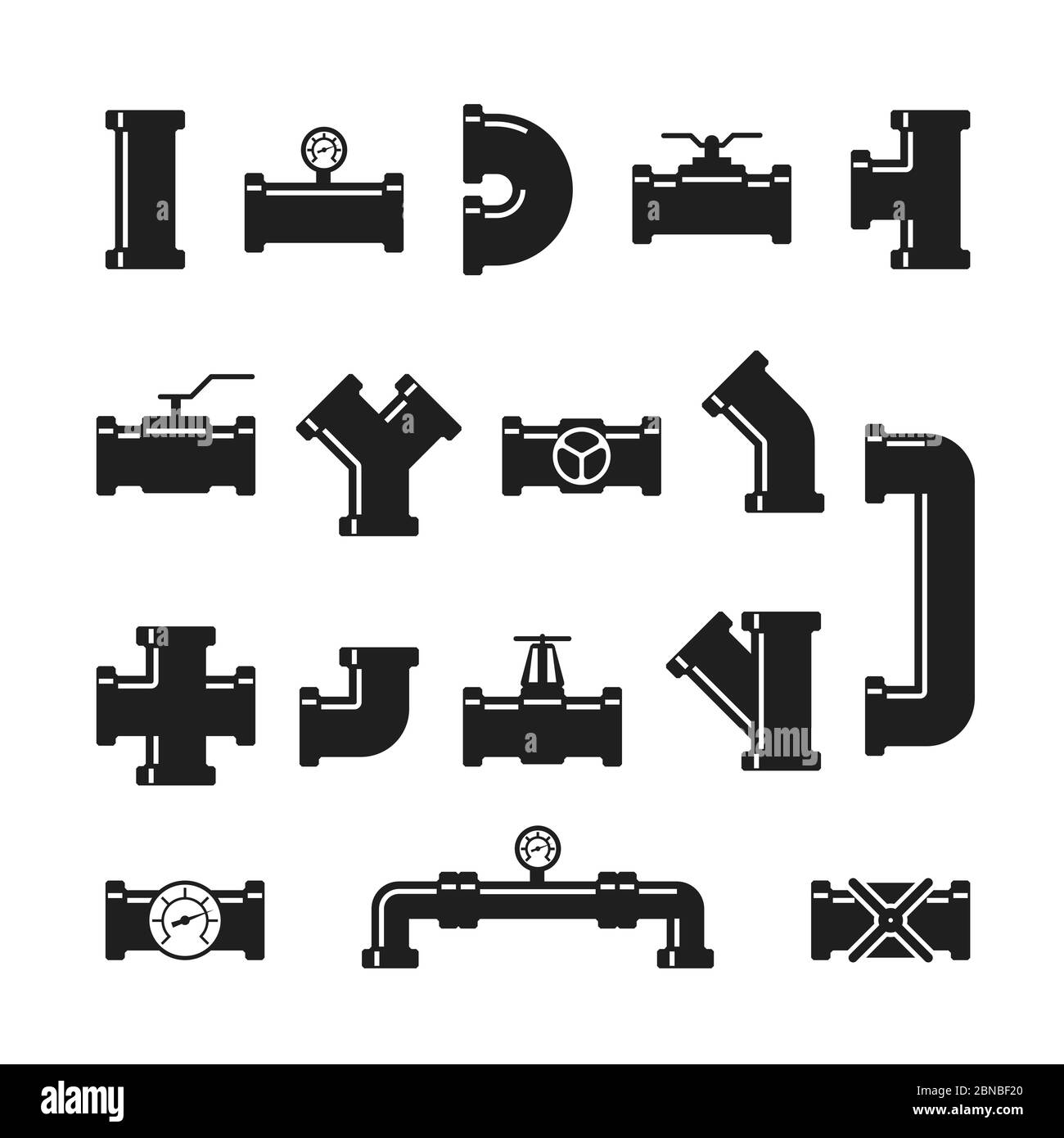 Stahl Rohrverbinder, Armaturen, Ventile, industrielle Sanitär für Wasser-und Gas-Pipeline Vektor isoliert Symbole. Rohrleitung Industrie, Ventil Stahl Stecker Abbildung Stock Vektor