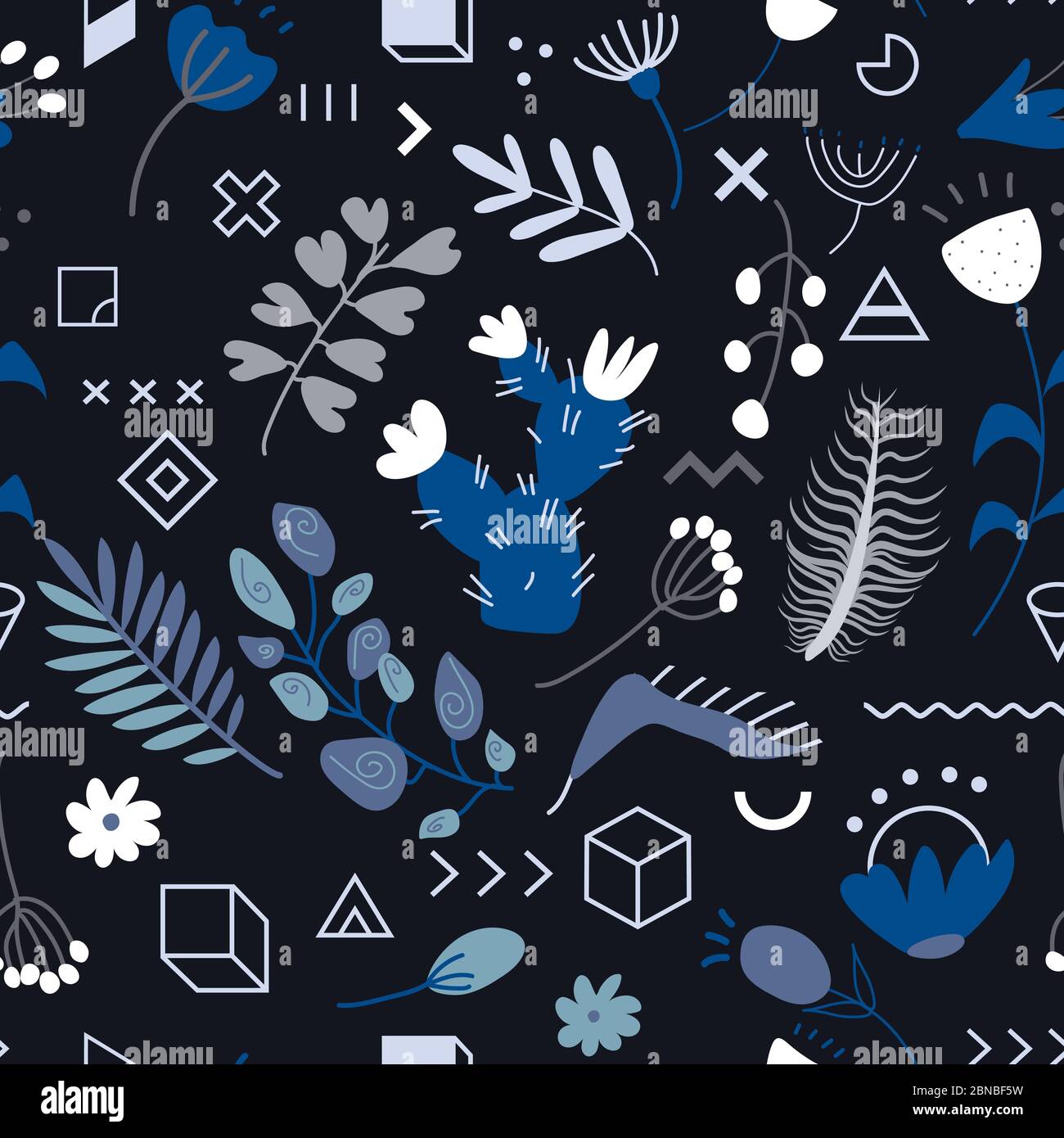 Nahtlose Muster-Set aus verschiedenen tropischen exotischen Blättern, Pflanzen und Blumen mit Doodle geometrischen Figuren auf schwarzem Hintergrund. Sammlung von Komple Stock Vektor