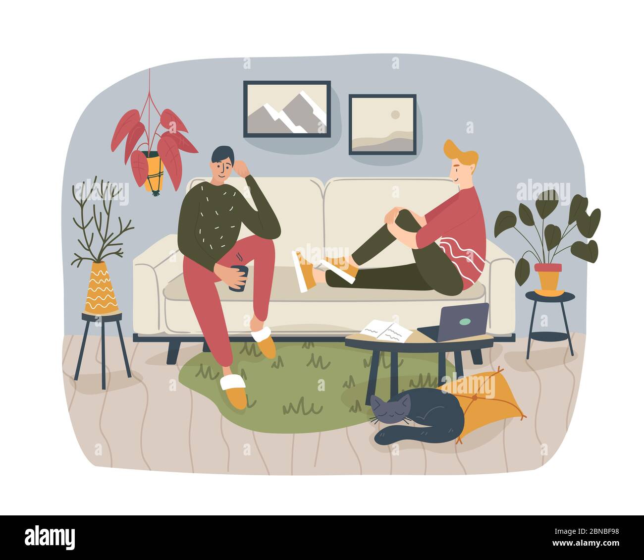 Zwei Freunde, Studenten oder Brüder sitzen auf dem bequemen Sofa zu Hause und sprechen miteinander, Gedanken und Ideen in schönen und gemütlichen atmos teilen Stock Vektor