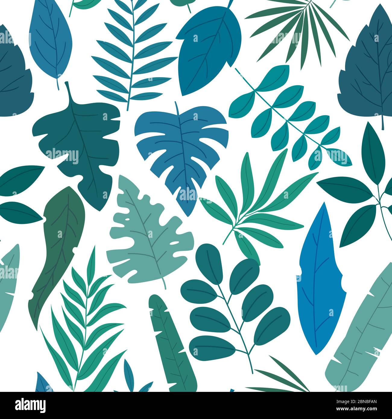 Muster-Set von Gruppen von verschiedenen blauen und grünen tropischen exotischen Blättern, Pflanzen und Früchten auf weißem Hintergrund. Sammlung von abgeschlossen und isoliert Stock Vektor