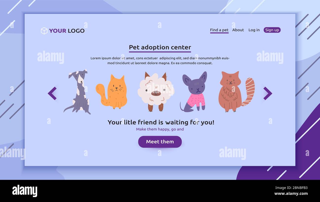 Perfekte Banner für Ihre Website von Haustier Adoption, Tierladen oder Tierarztpraxis. Gruppe von niedlichen Hunden und Katzen warten auf ihre neue Familie und wollen Stock Vektor
