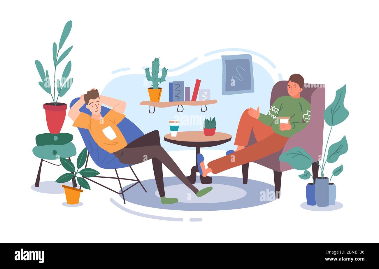 Zwei Freunde, Studenten, Arbeiter oder Kollegen sitzen im bequemen Stuhl im Büro oder zu Hause, ruhen sich nach der Arbeit aus oder machen eine Pause. Vektorkol Stock Vektor