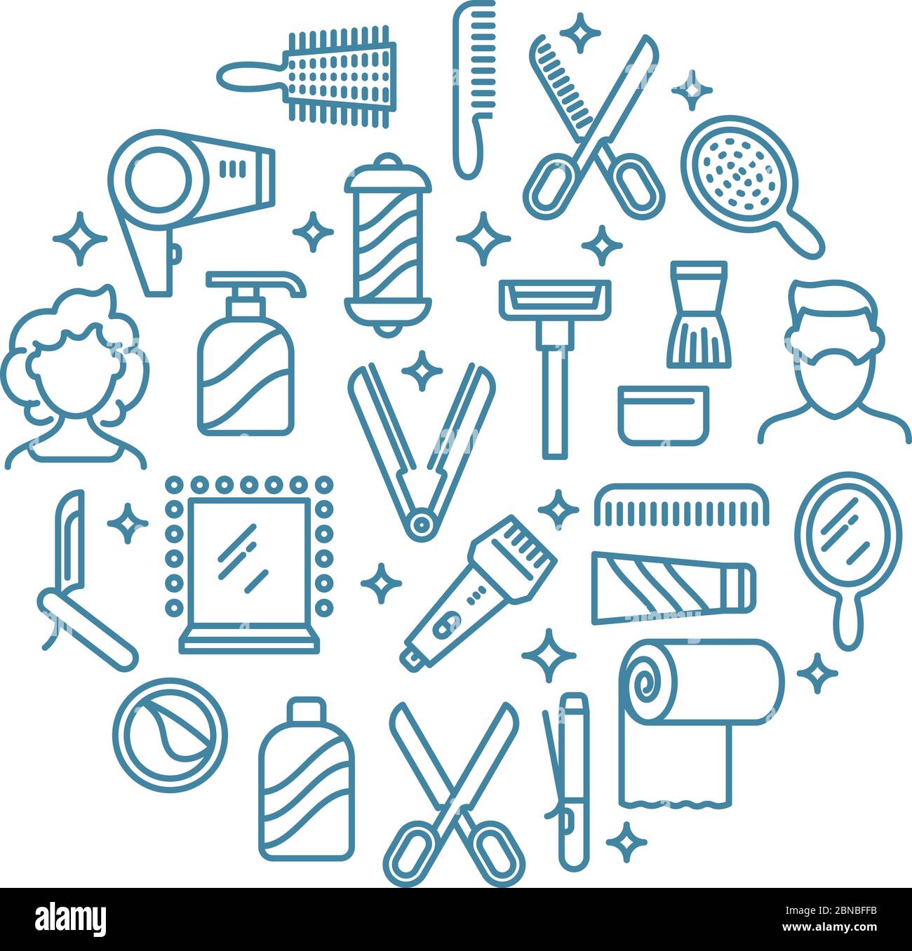 Symbole für Schönheitslinien. Kosmetikprodukte, Make-up und Accessoires für Frauen umreißen Symbole. Weibliche Schönheit, männliche Frisur, Shampoo und Pinsel Illustration Stock Vektor