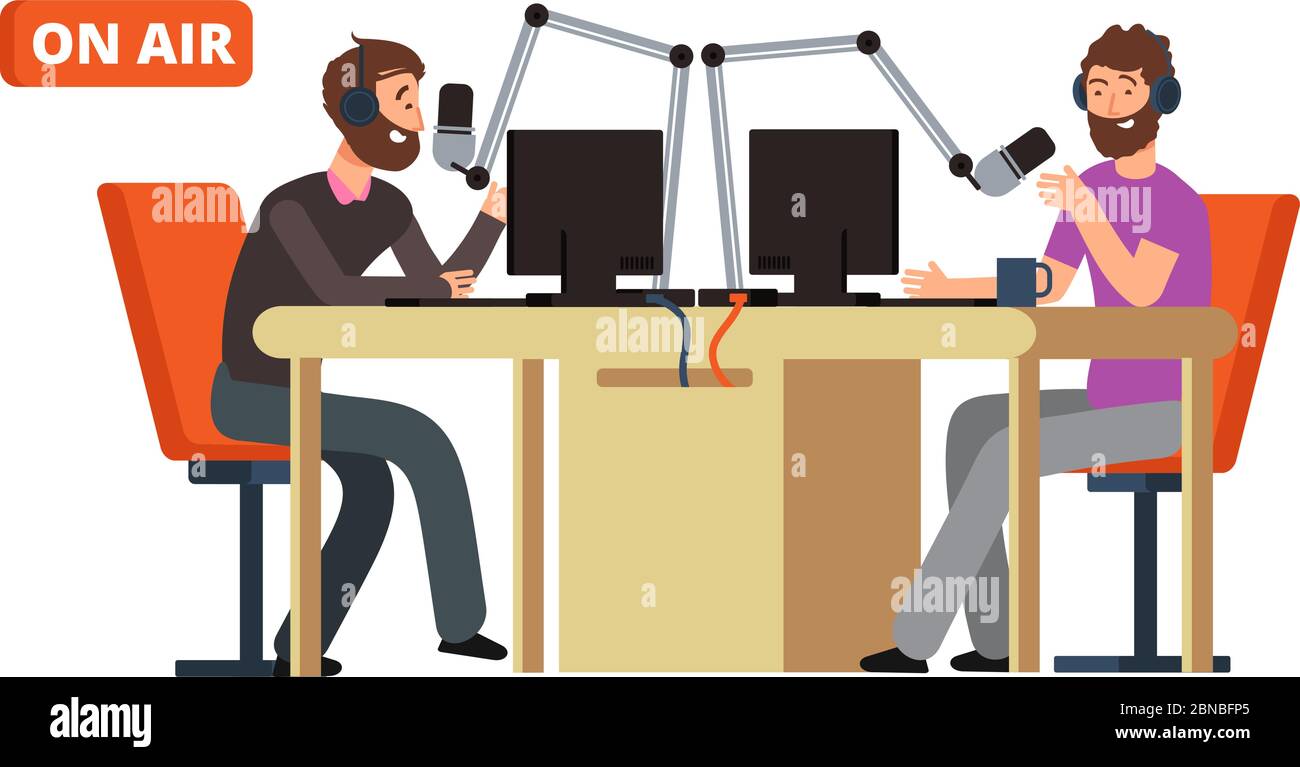 Radiosendung. Rundfunk dj mit Mikrofonen auf Sendung sprechen. Vector Konzept Broadcast Entertainment, Übertragung Live-Illustration Stock Vektor