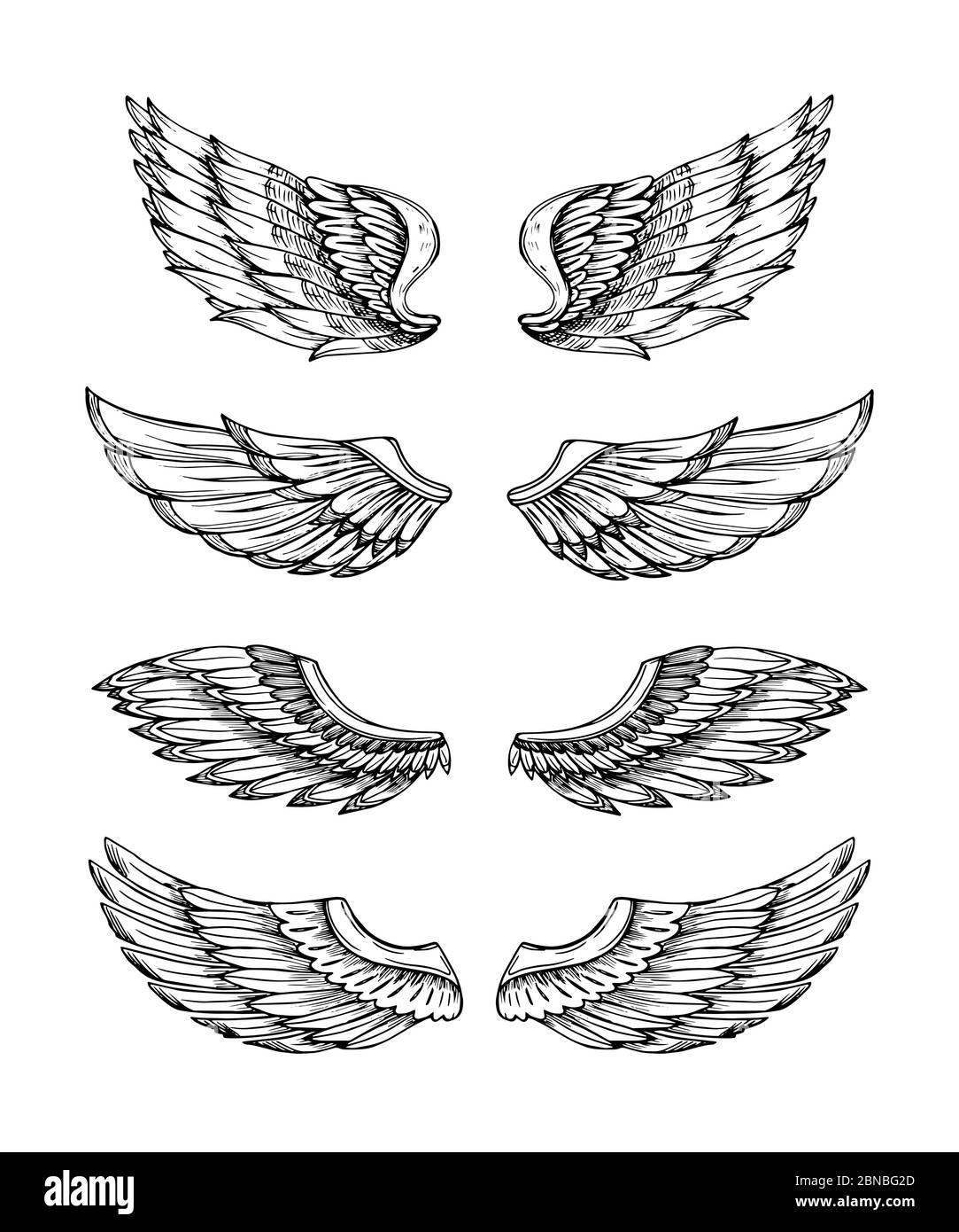 Engelsflügel. Abstraktes schwarzes geflügeltes Design. Adler Vogel Flügel Hand gezeichnet isoliert Set. Feder Vogelflügel, Gothic Tattoo Illustration Flügel Stock Vektor