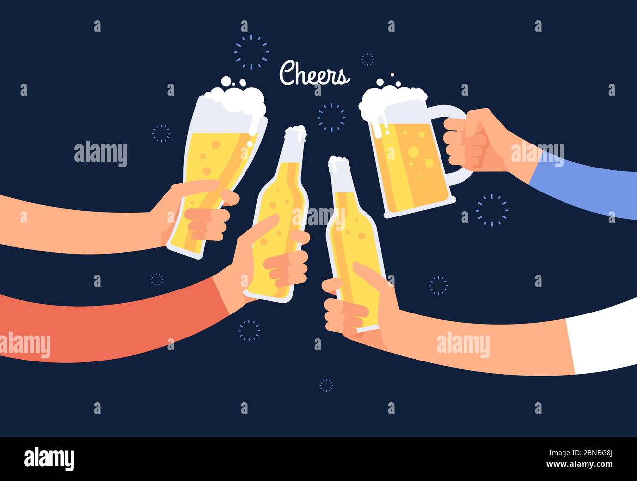 Jubelnde Hände. Fröhliche Menschen klirren Bierflasche und Gläser. Glücklich trinken Urlaub Vektor Hintergrund. Illustration von Alkohol Getränkeflasche Bier, Prost Party in Pub Stock Vektor