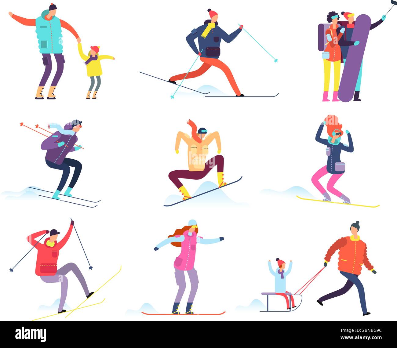 Wintersportler. Erwachsene und Kinder in Winterkleidung Snowboarden und Skifahren. Vektor Cartoon-Figuren. Winter Snowboard und Ski, Snowboarder Charakter Illustration Stock Vektor