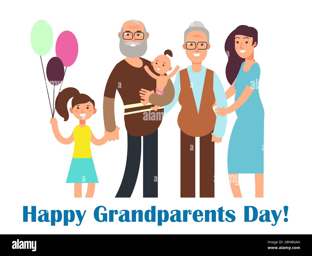 Cartoon glückliche Familie mit Großeltern. Vektorgrafik zum Großeltern-Tag. Großmutter und Großvater Tag, Enkel mit Großeltern Poster Stock Vektor