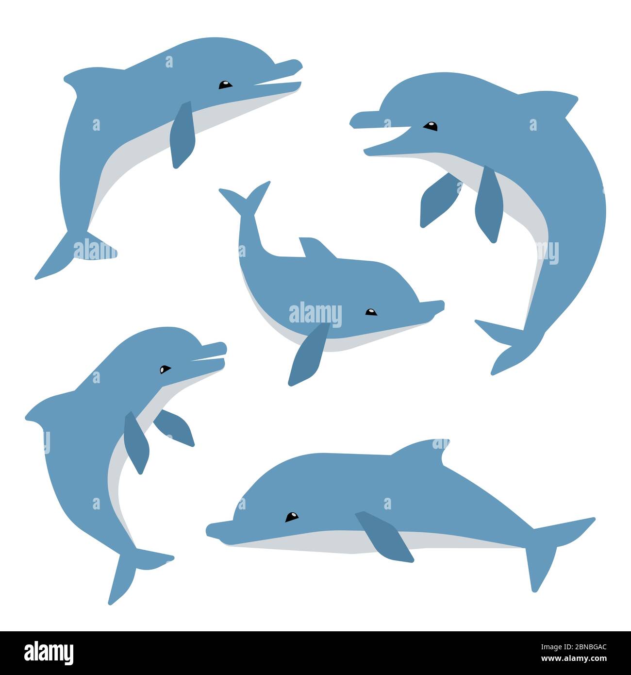 Nette Delphine in verschiedenen Posen Vektor-illustrierung. Delfine auf weißem Hintergrund isoliert. Tierischer Säugetier-Delfin, Meerestiere Stock Vektor