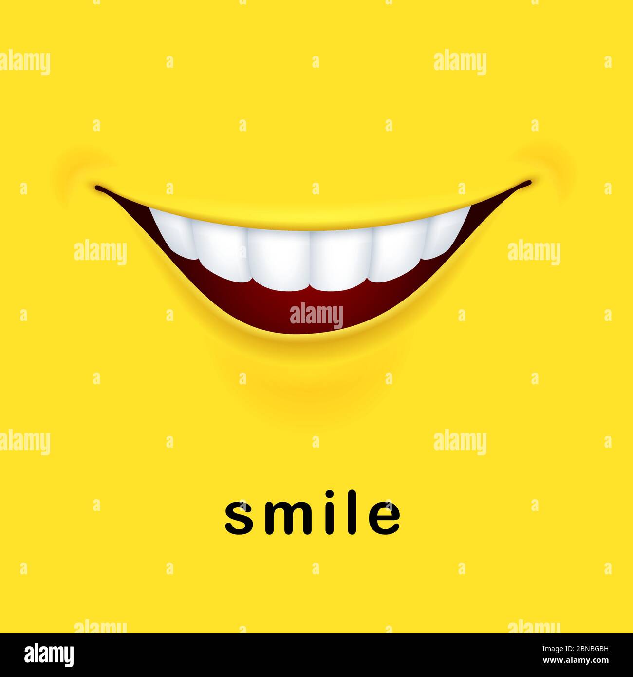 Lächeln gelben Hintergrund mit realistisch lächelnd Mund. Vektor Lächeln fröhlich, Emoticon Ausdruck, Emoji und Glück Gefühl Illustration Stock Vektor