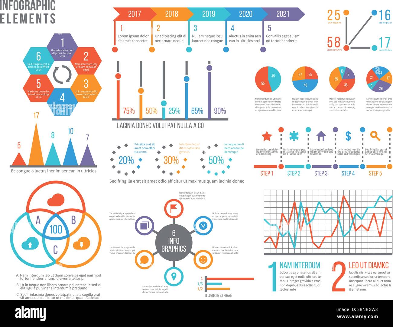 Infografiken. Statistikdiagramm, Option Flussdiagramm und Zeitleiste. Diagramm, Budgetdiagramm. Vektorgrafiken für Geschäftspräsentation. Flussdiagramm Vorlage, Zeitleiste und Kreis Diagramm Illustration Stock Vektor