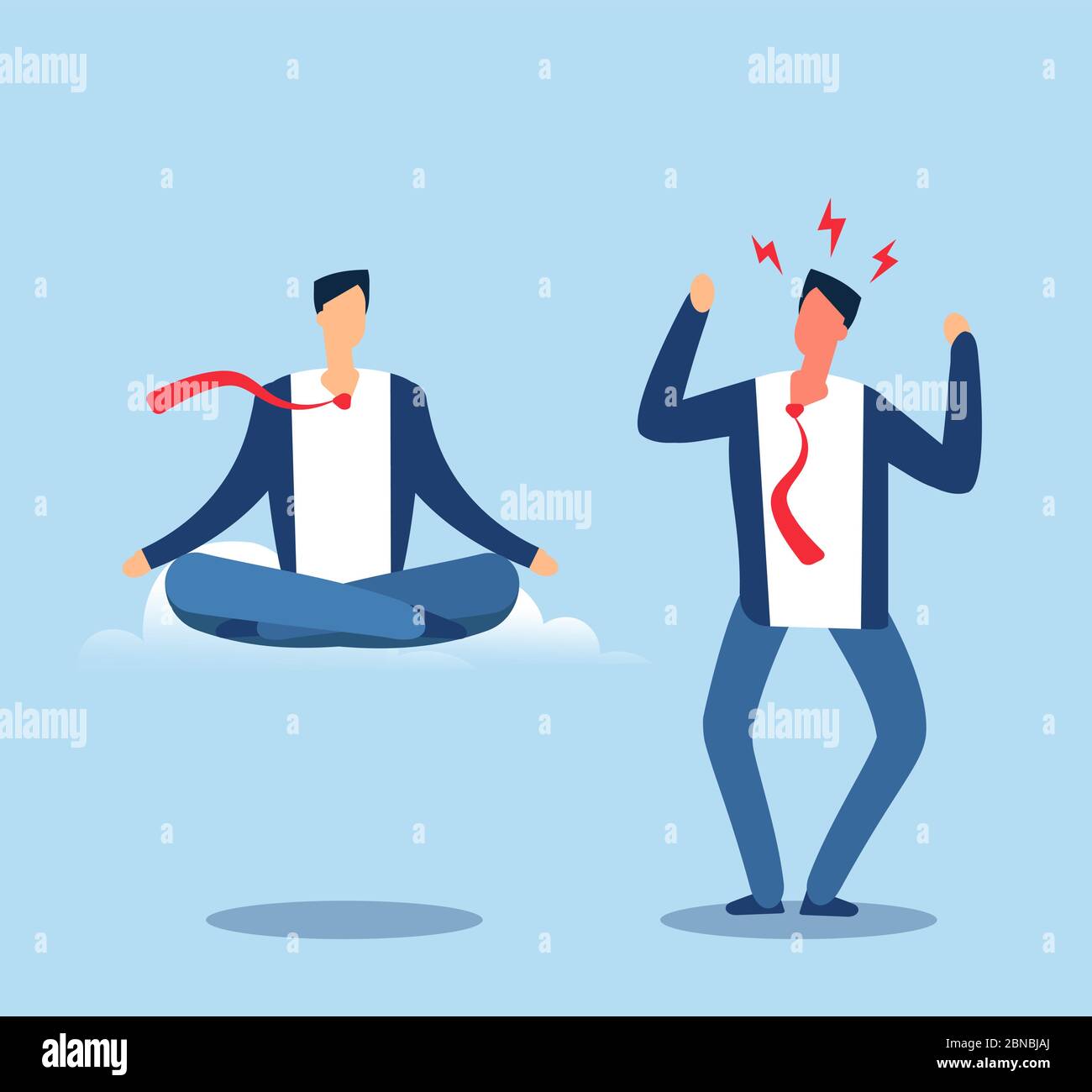 Wütend und ruhig. Der Erwachsene Mensch erlebt Stress und meditiert in der Lotusposition. Glückliche und verärgerte Person. Vektor-Geschäftskonzept Mann Yoga meditieren und Angst Aufregung Illustration Stock Vektor