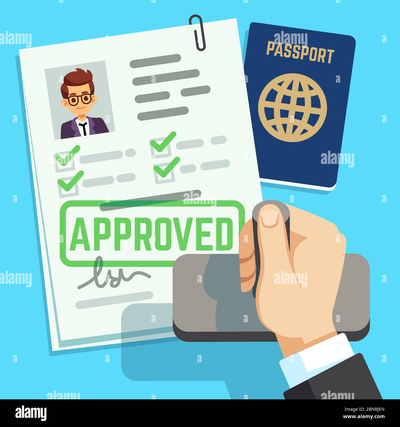 Visa-Konzept. Reisepass oder Visum beantragen. Vektorgrafik für Reiseeinreisestempel. Einwanderungsstempel für Reisen und Unternehmen, Papiergenehmigung Stock Vektor