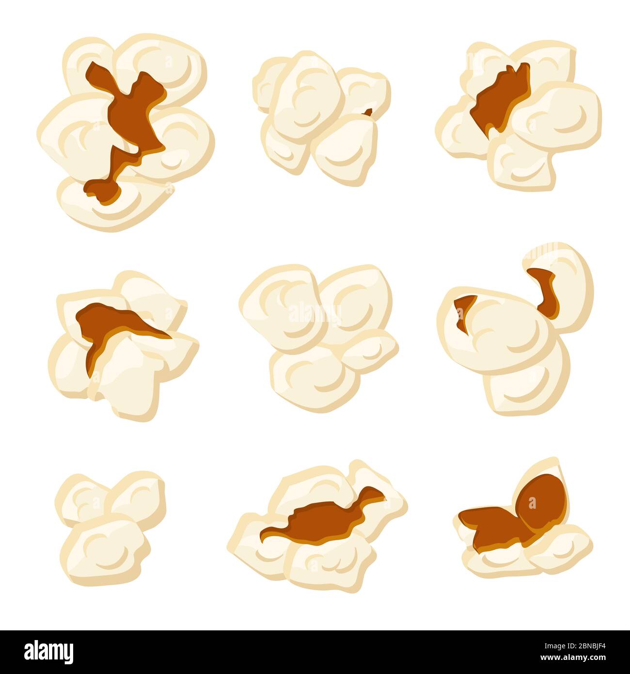 Popcornkerne. Cartoon gerösteten Mais Vektor isoliert Zeichen. Snack-Kernel Mais, Popcorn-Lebensmittel für Kino Illustration Stock Vektor