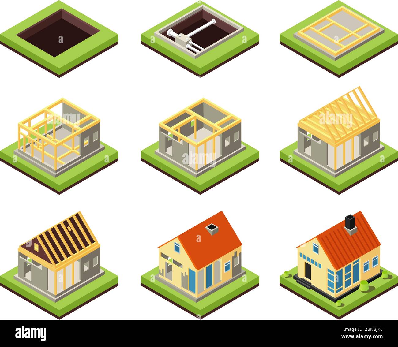 Hausbau. Bauphasen erstellen. Ländliche Wohnanlage. Isometrische Vektor-Icons Projekt Bau Haus, Wohnbau 3d-Illustration Stock Vektor