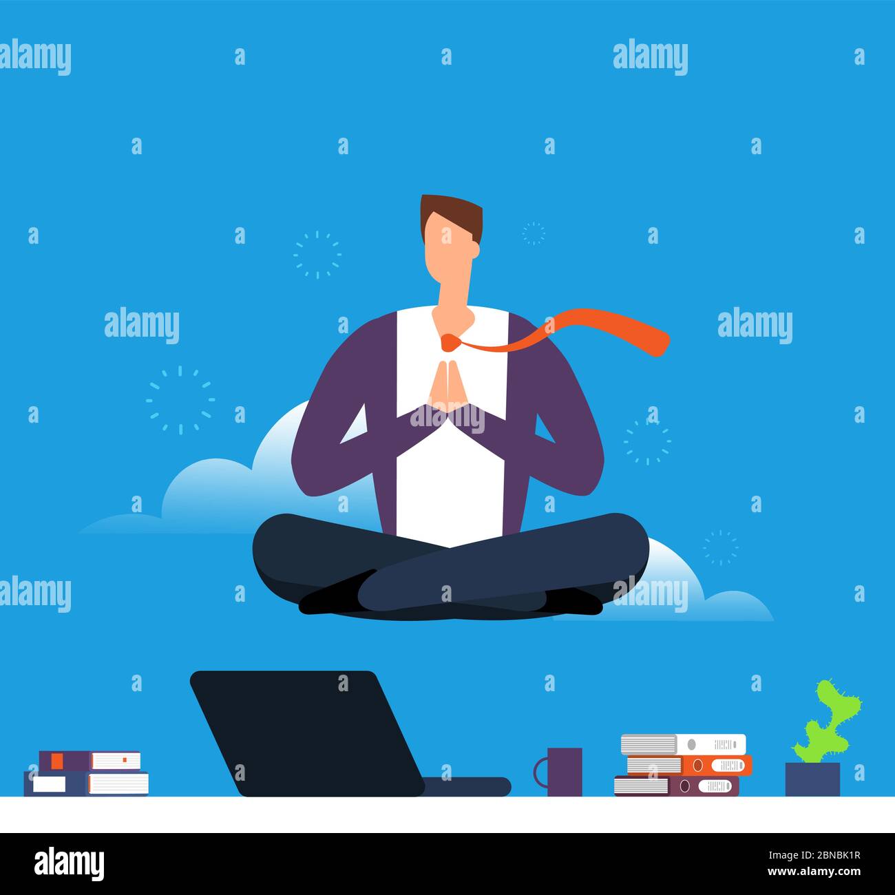 Mann, der Yoga und Meditation macht. Geschäftsmann hängt in Lotushaltung über dem Schreibtisch. Beruhigen Sie sich und vermeiden Sie Stress in Arbeit Vektor-Konzept. Konzentration Position und Meditation, Business Yoga Illustration Stock Vektor