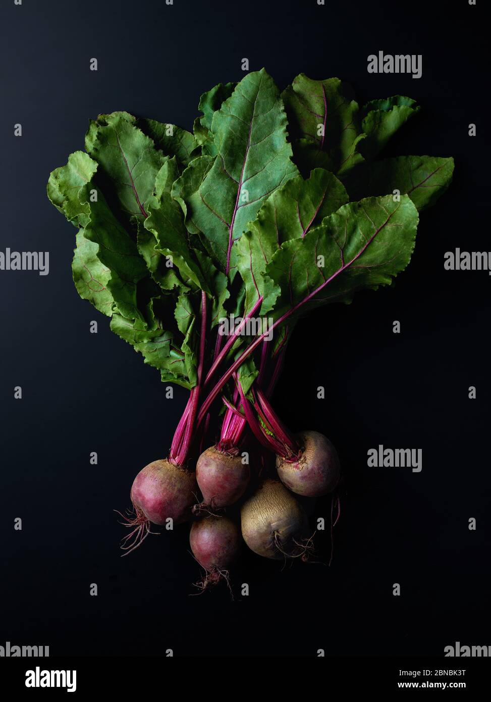 Bund frischer Rote Bete auf schwarzem Hintergrund, Draufsicht Stockfoto