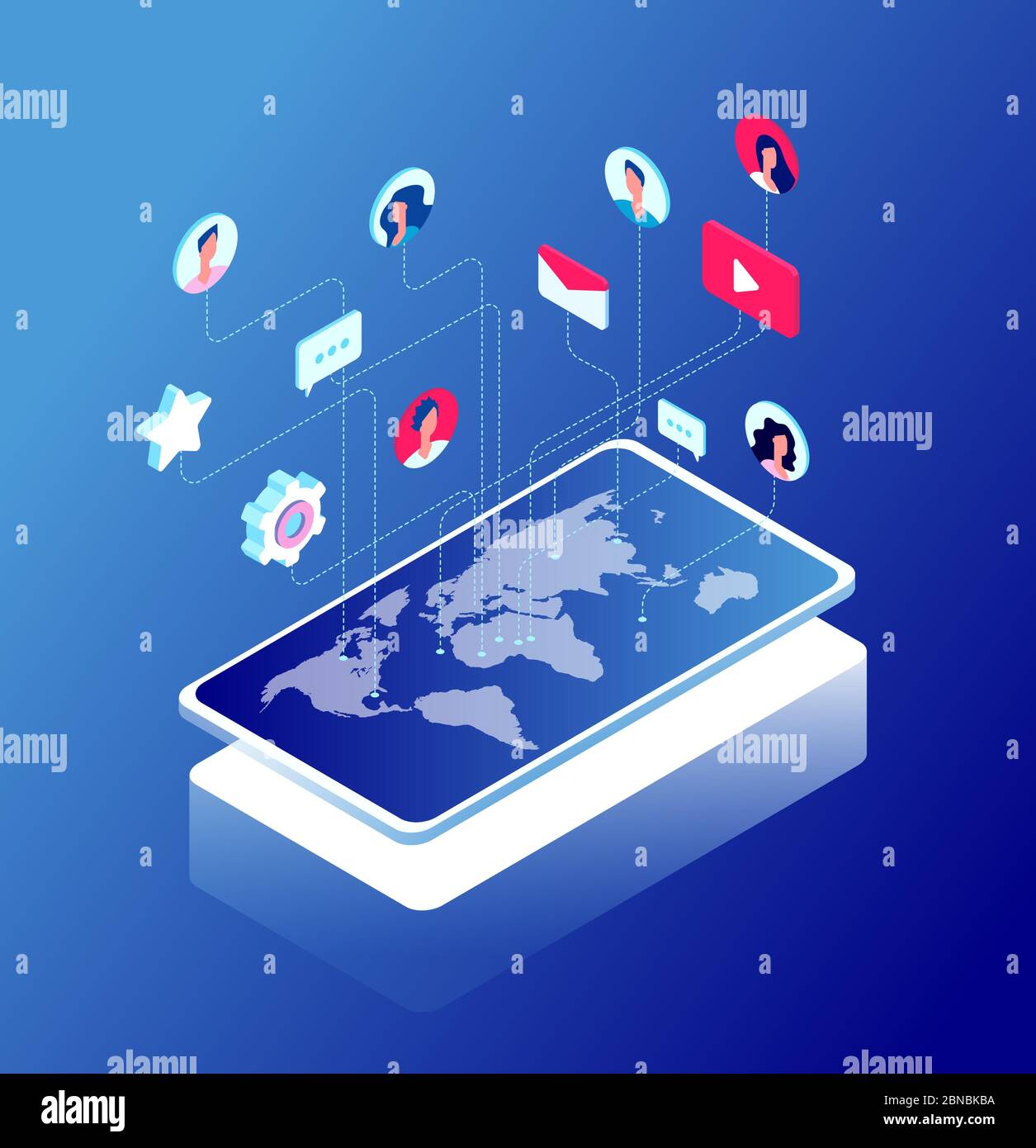 Soziale Netzwerke und Weltkarte. Symbole für Internet-Marketing, „Gefällt mir“ und „Nachricht“. Chat und Internet-Kommunikation isometrisches Vektorkonzept. Chatten Sie mobil, wie 3d-Symbol, Nachricht App Tag soziale Illustration Stock Vektor