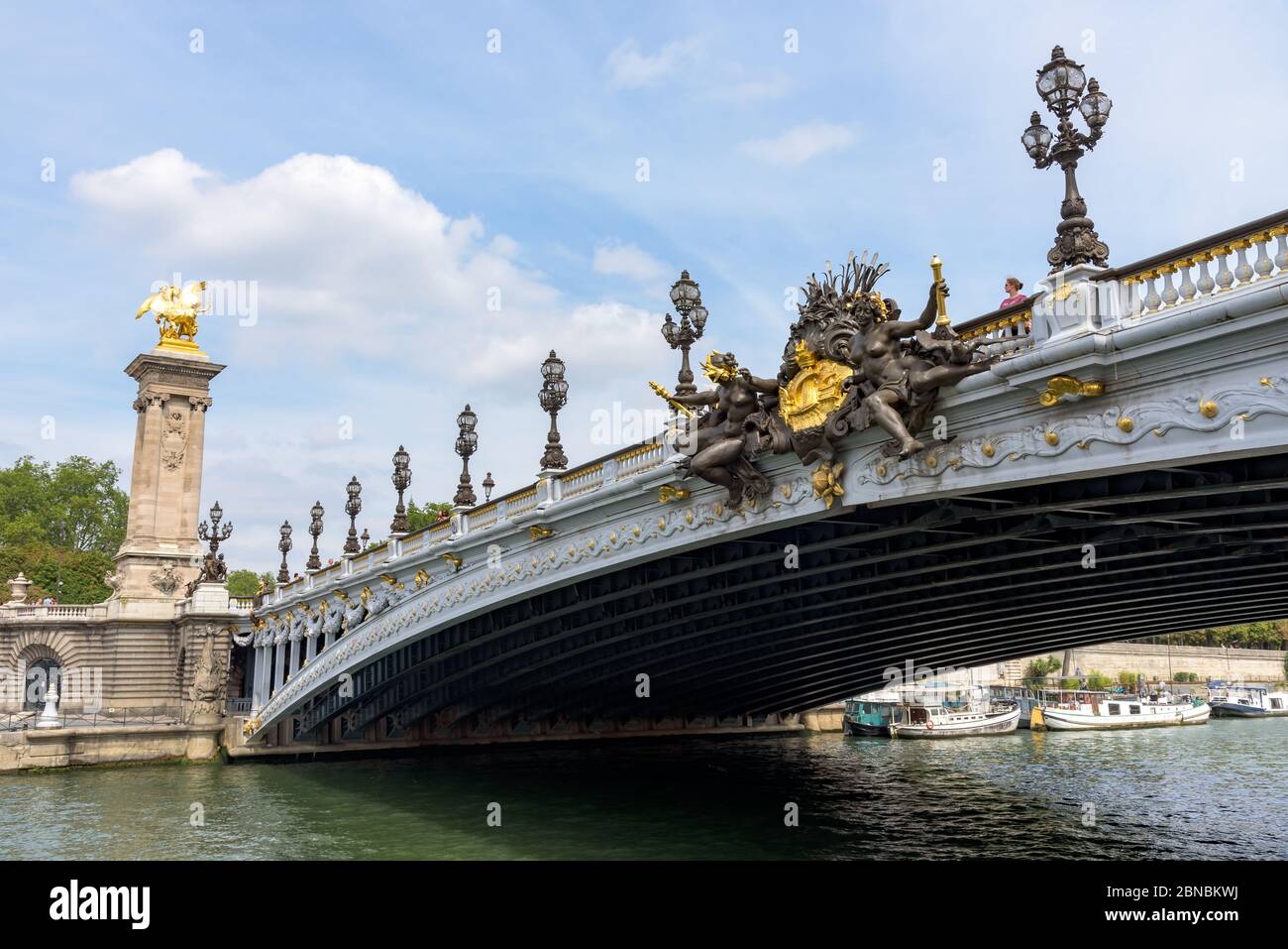 Blick auf Pont Alexandre III (Alexandre die dritte Brücke) von einem Bateaux Mouche auf der seine an einem sonnigen Sommertag. Paris, Frankreich. Stockfoto