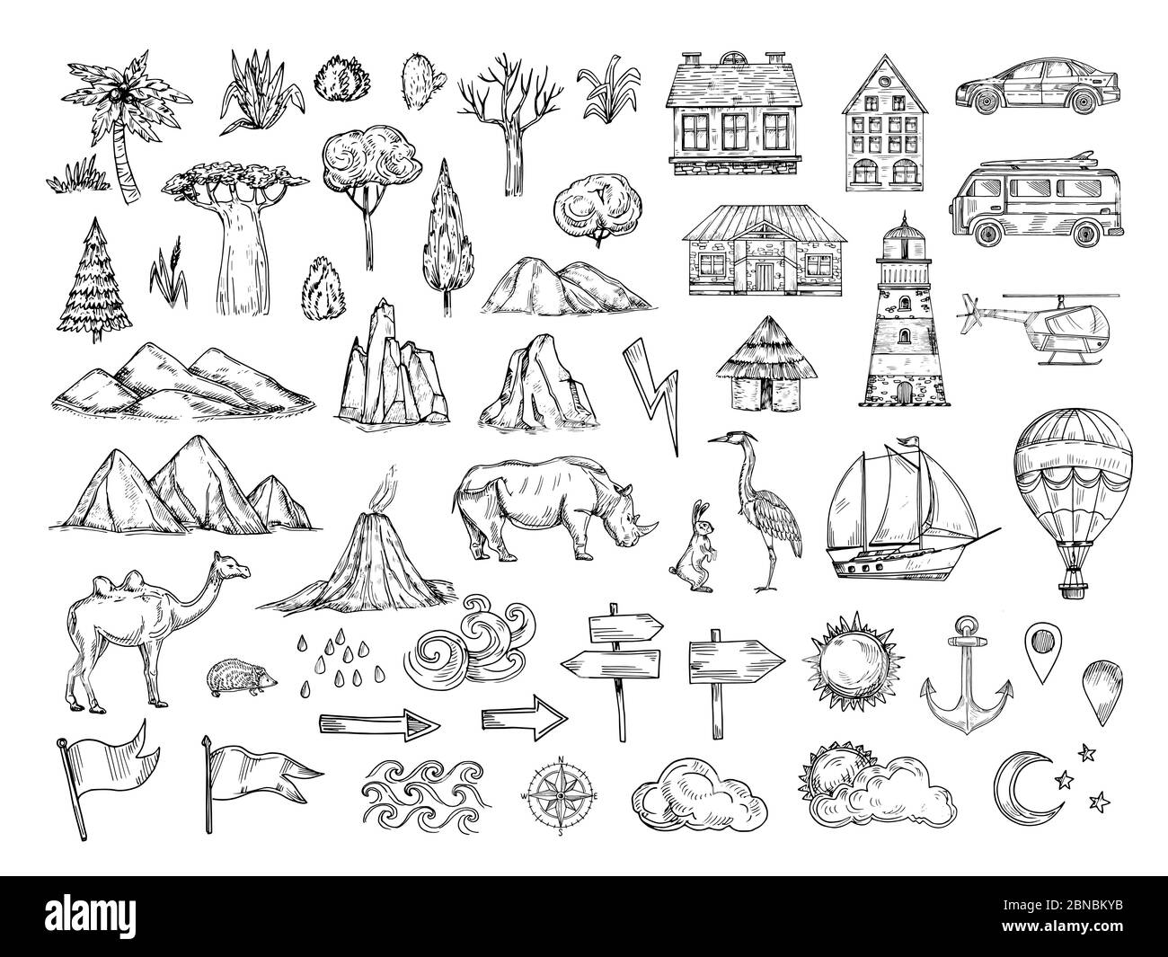 Elemente zuordnen. Skizzieren Sie Hügel und Berge, Baum und Busch, Gebäude und Wolken. Vintage Hand gezeichnete Vektorsymbole für Kartographie. Illustration von Haus und Auto, Leuchtturm und Schiff, Tier und Zeiger Stock Vektor