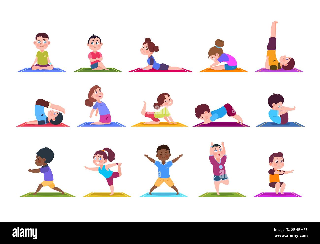 Yoga für Kinder. Cartoon Kinder tun Yoga. Sportliche Mädchen und Jungen im Fitnessstudio. Isolierte Vektorzeichen. Illustration von Kind Yoga Cartoon, Sport Fitness Lifestyle Stock Vektor