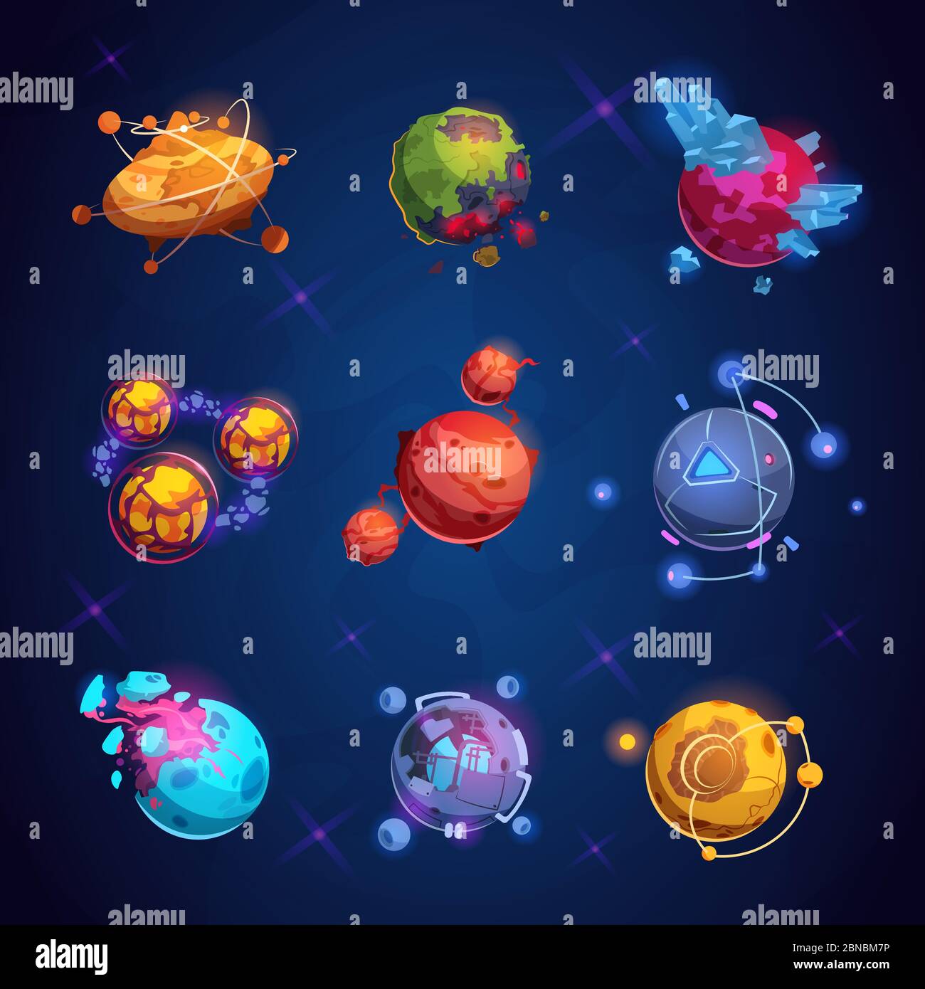 Fantasy Cartoon Planet. Fantastische außerirdische Planeten. Raum Welt Spiel Vektor-Elemente. Galaxy Raum fantastischen Planeten für gui-Illustration Stock Vektor